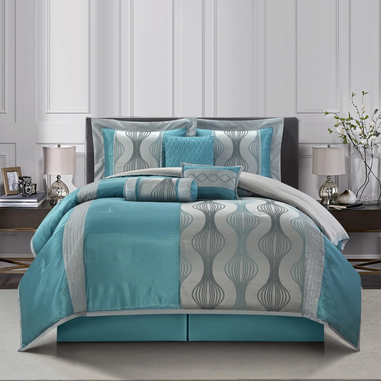 Stratford Park 7 Piece Blue Comforter Set, Queen Size Jacquard Bedding Set, All Season Geometric Patchwork Bedding Set, Matching Pillows, Shams, Bed Skirt