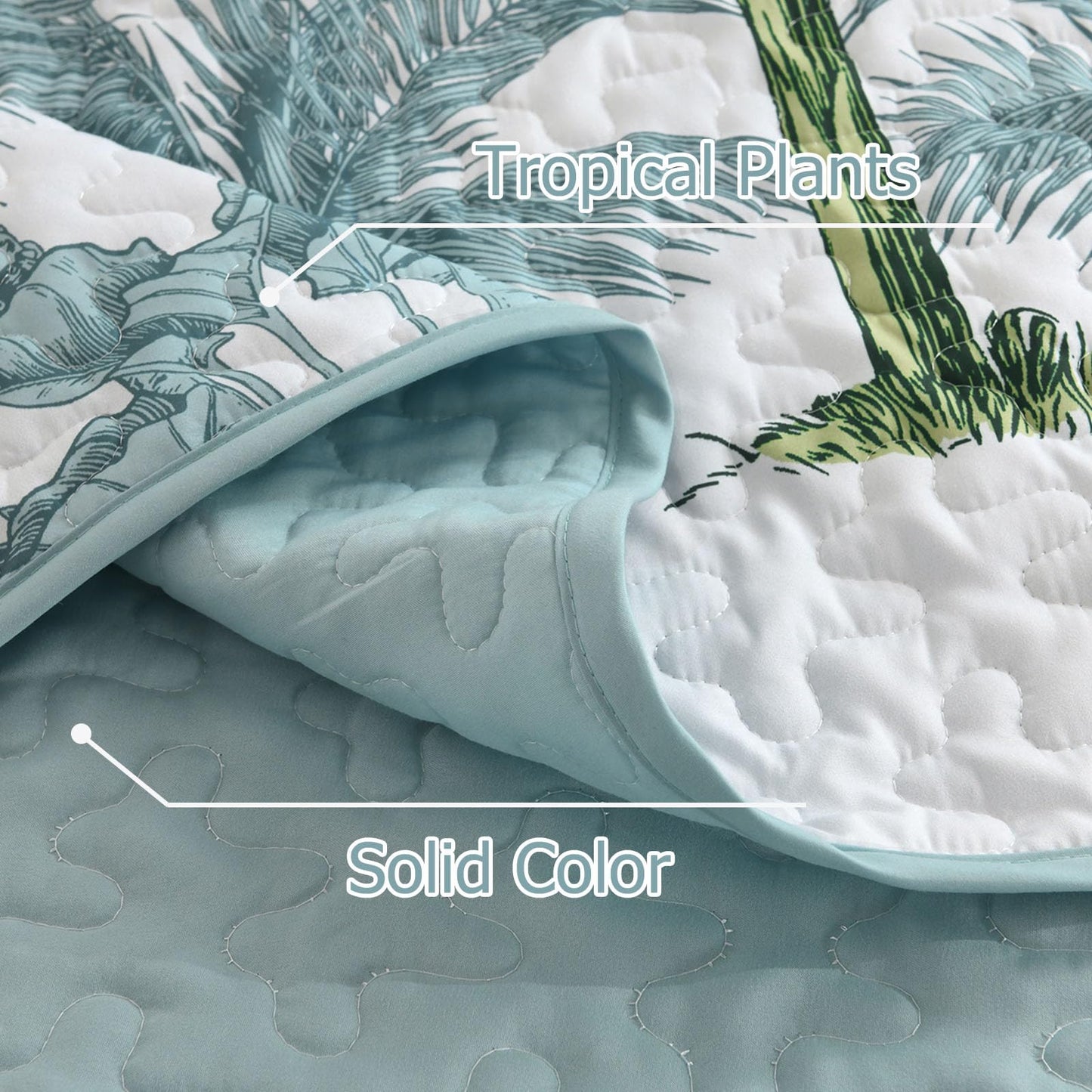 Luxudecor Tropical Plants Quilt Set Queen Size 3 Pieces Green and Blue Palm Botanical Bedspread Rainforest Style Bedding Set Soft Lightweight Bed Cover All Season 96"x90"