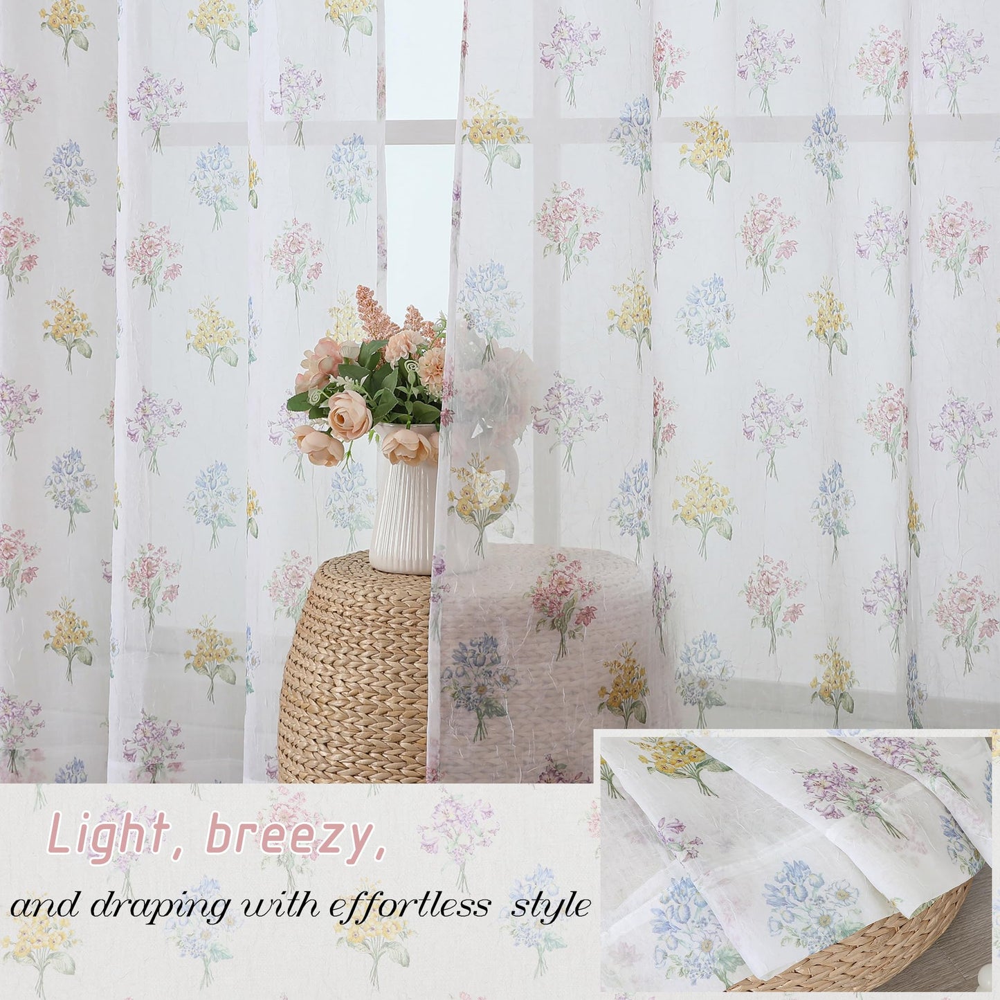 Ebesto Crushed Floral Sheer Curtains 63 Inch Length - Light Filtering Printed Sheer Flower Patterned Curtains for Bedroom, Spring Romantic Rod Pocket Window Drapes, 2 Panels, 42Wx63L Inches, White