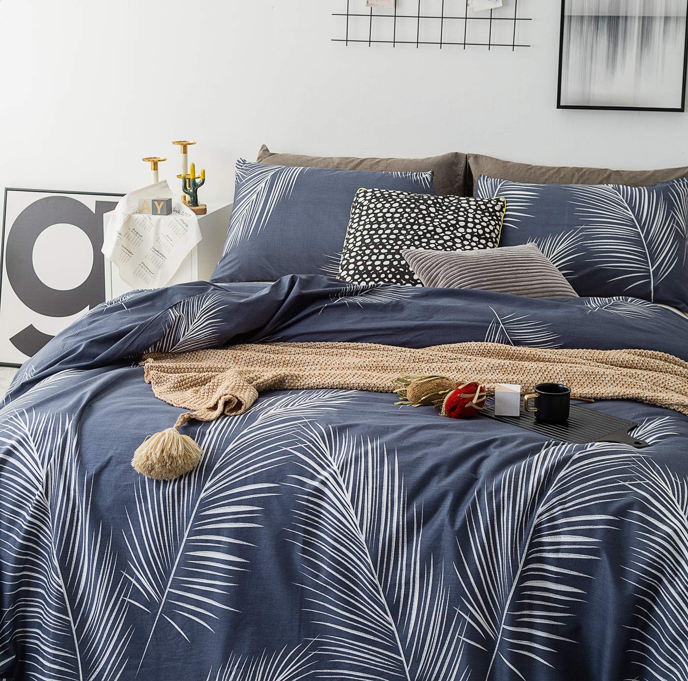 YuHeGuoJi Hawaiian Leaves Duvet Cover Queen 100% Cotton 3 Pcs Set 1 Modern Navy Blue Tropical Duvet Cover with Zipper Ties 2 Pillowcases Coastal Farmhouse Blue Botanical Bedding Set Soft