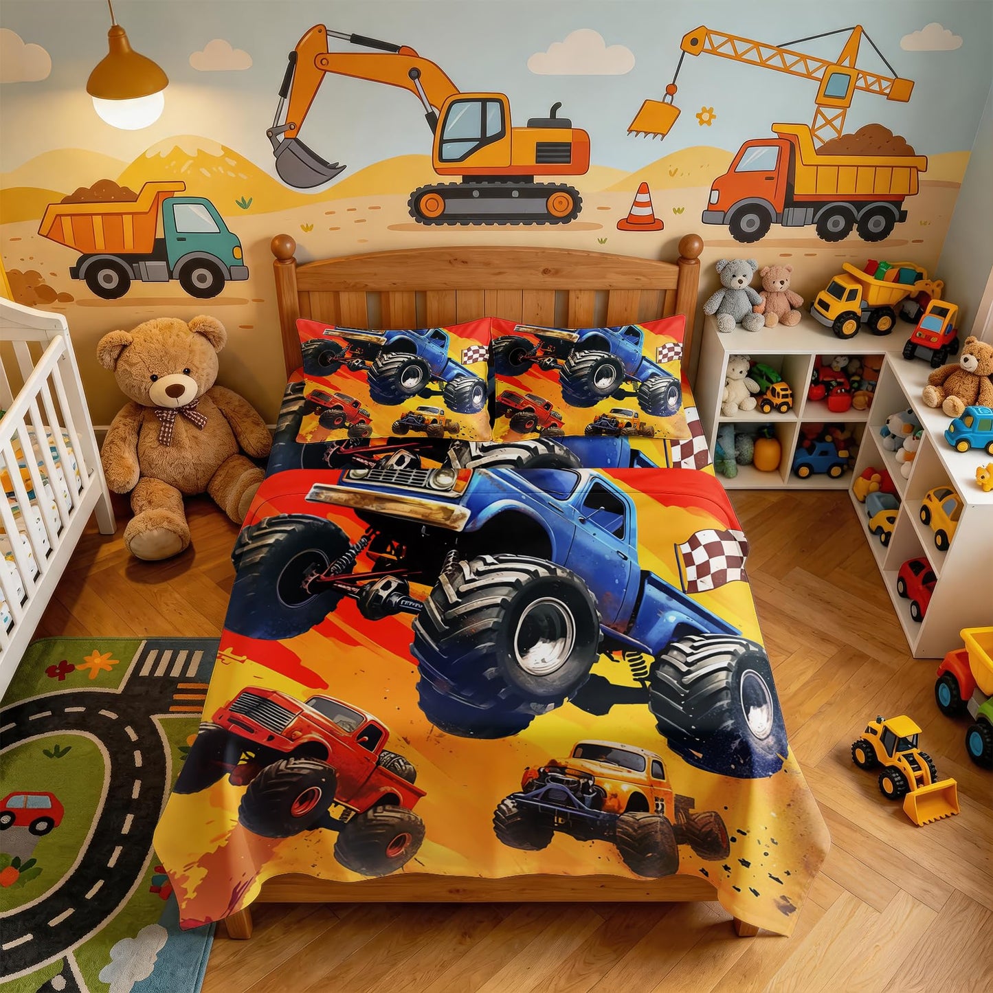 Monster Truck Bedding Set 4 Pcs Boys Queen Sheets, Blue