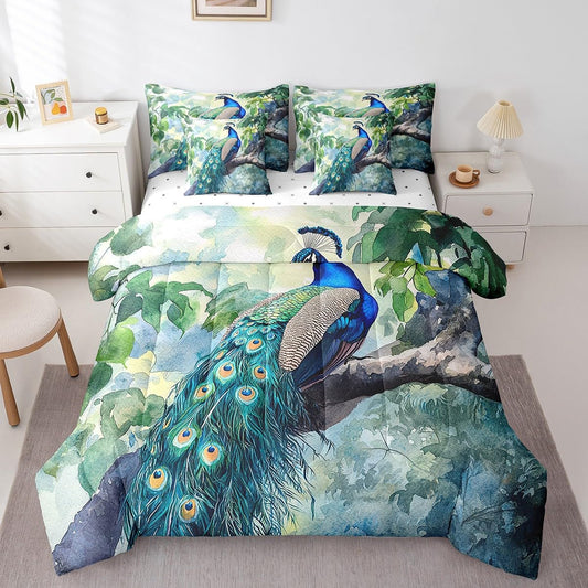 jejeloiu Peacock Comforter Set 7 Pieces Full Size Kids Watercolor Flower Bed in a Bag for Boys Girls Royal Peacock Bird Bedding Set Green,Comforter + Sheets + Pillowcases + Cushion Covers