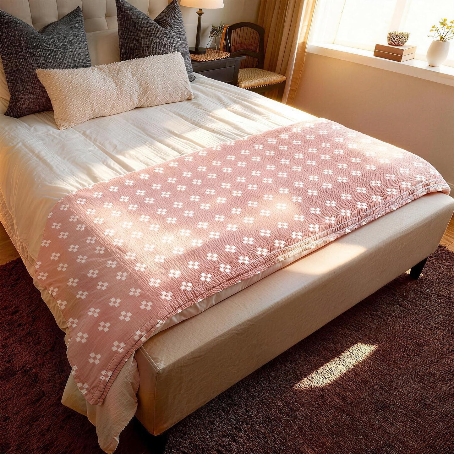 SHSYCER 2 Layer Cozy Lightweight Muslin 100% Cotton Blanket for Bed, Couch & Sofa, Summer Bedding Coverlet with Pattern,Pink,Twin 59''x78''