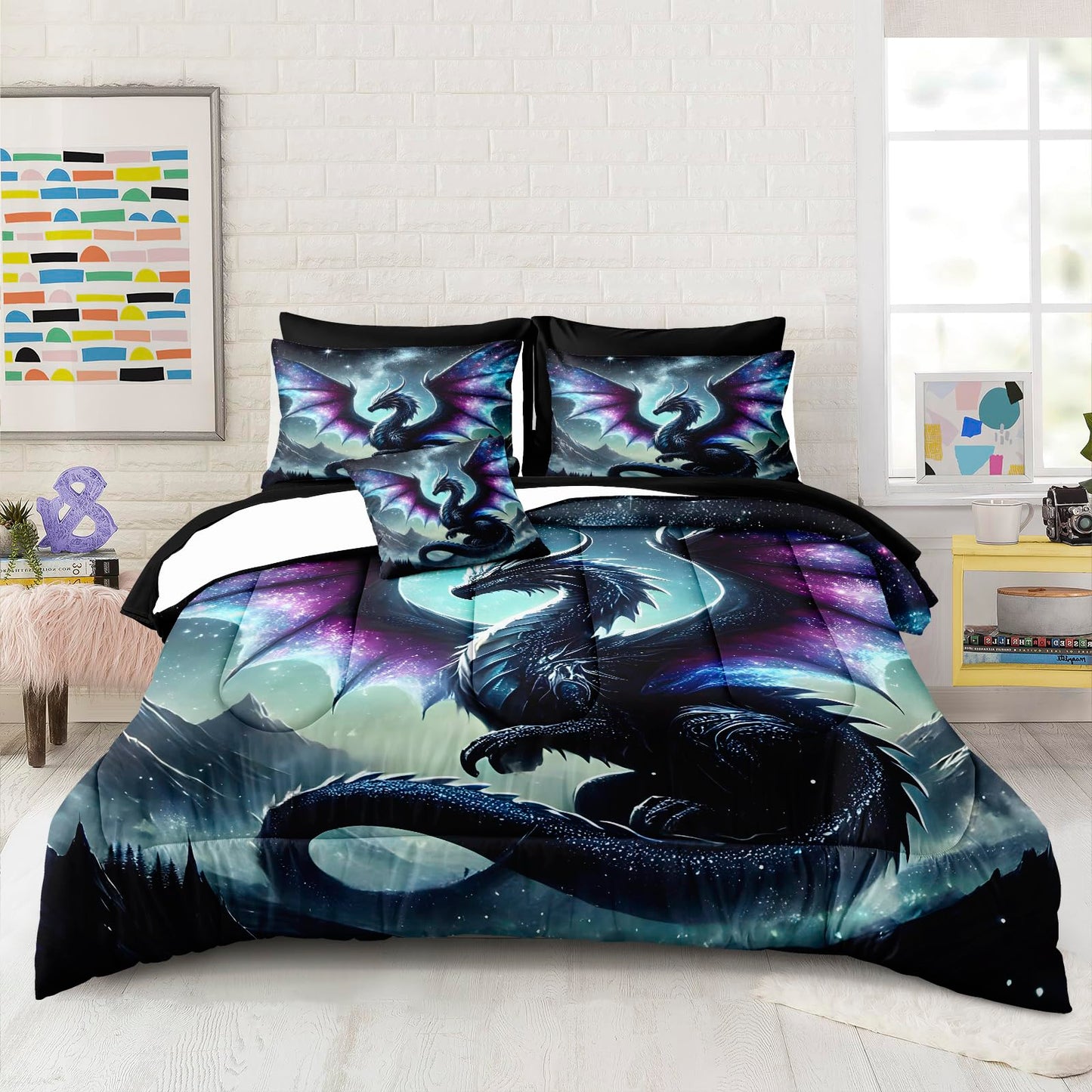 Bedbay Dragon Comforter Set Galaxy Fantasy Bedding Quilt Set Soft King Comforter Bed Set with Sheets Boys Teen Mythical Beast Dragon Digital Print 8 Pieces Bed in a Bag Set with Cushion Cover