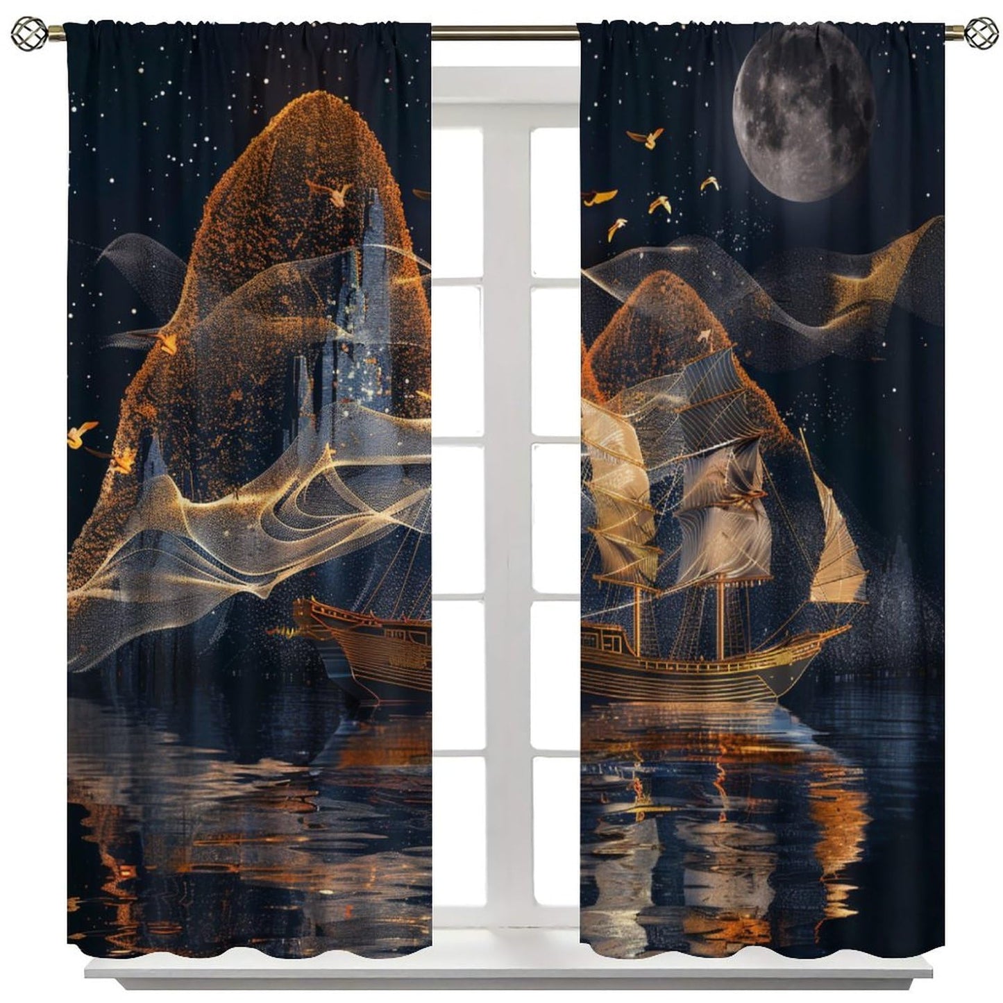 TOWINSFB Abstract Nautical Sailboat Blackout Curtains for Living Room Bedroom, Night Star Moon Seagull Window Curtains Rod Pocket Thermal Insulated Window Drapes, 2 Panels, Each 21W x 63L