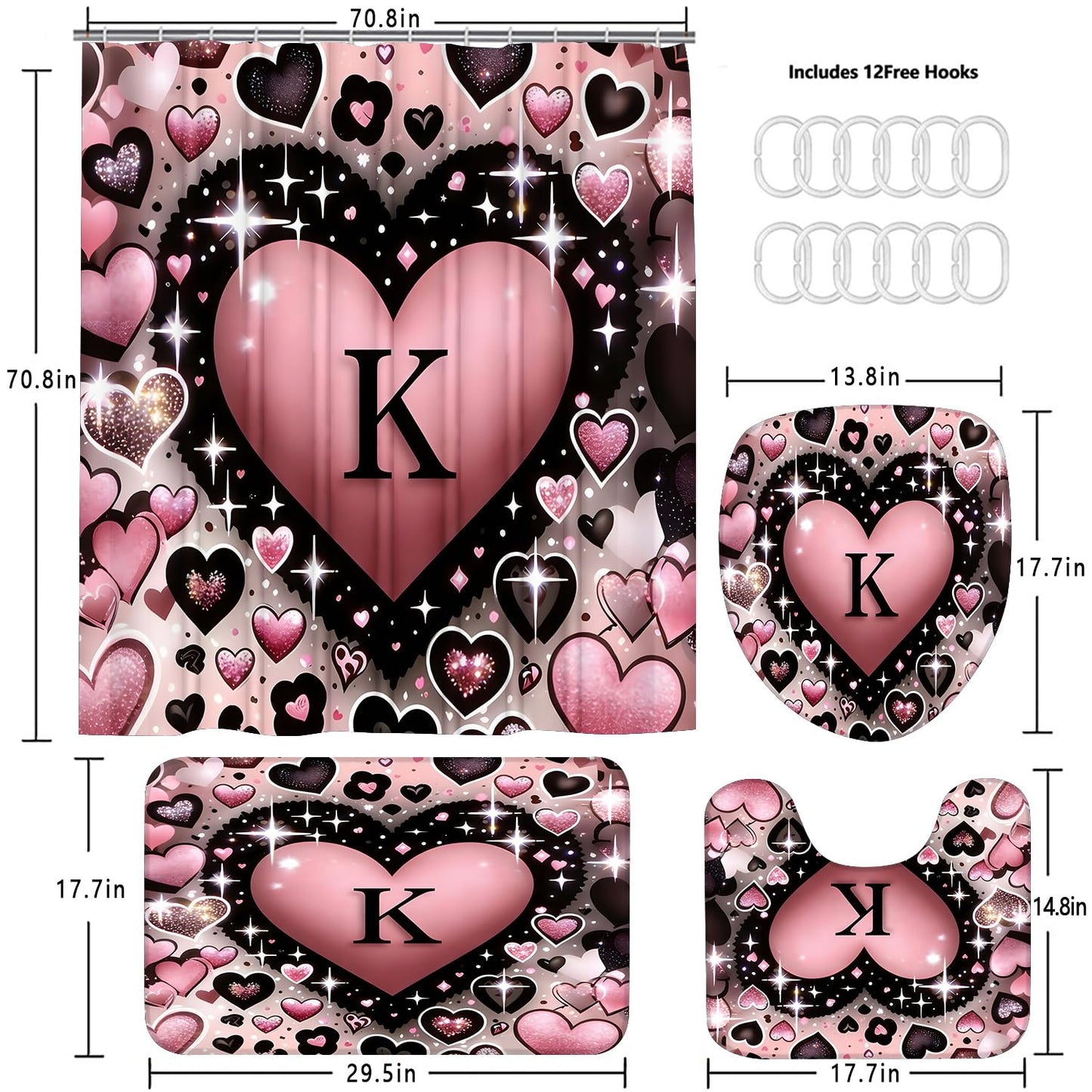 AZHM Romantic K Heart Shower Curtain Set 4 PCS Pink Love Theme Bathroom Decor for Wedding and Valentine's Day Gift with Rugs and 12 Hooks