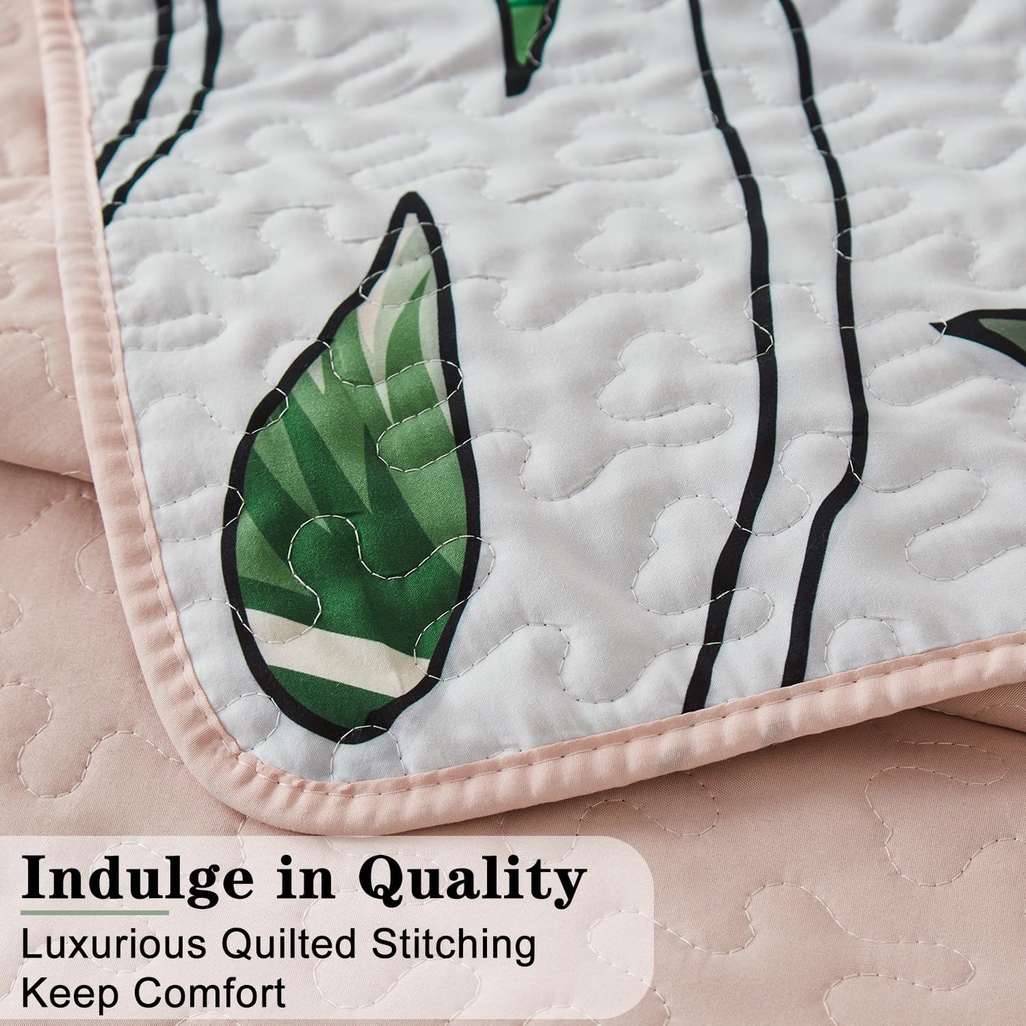 Yogeneg Queen Quilt Bedding Set,White Green Botanical Pattern Blush Full/Queen Quilt Set,3 Piece Lightweight Soft Summer Bedspread Coverlet with 2 PIillow Shams,All Season(Blush,90"x96")