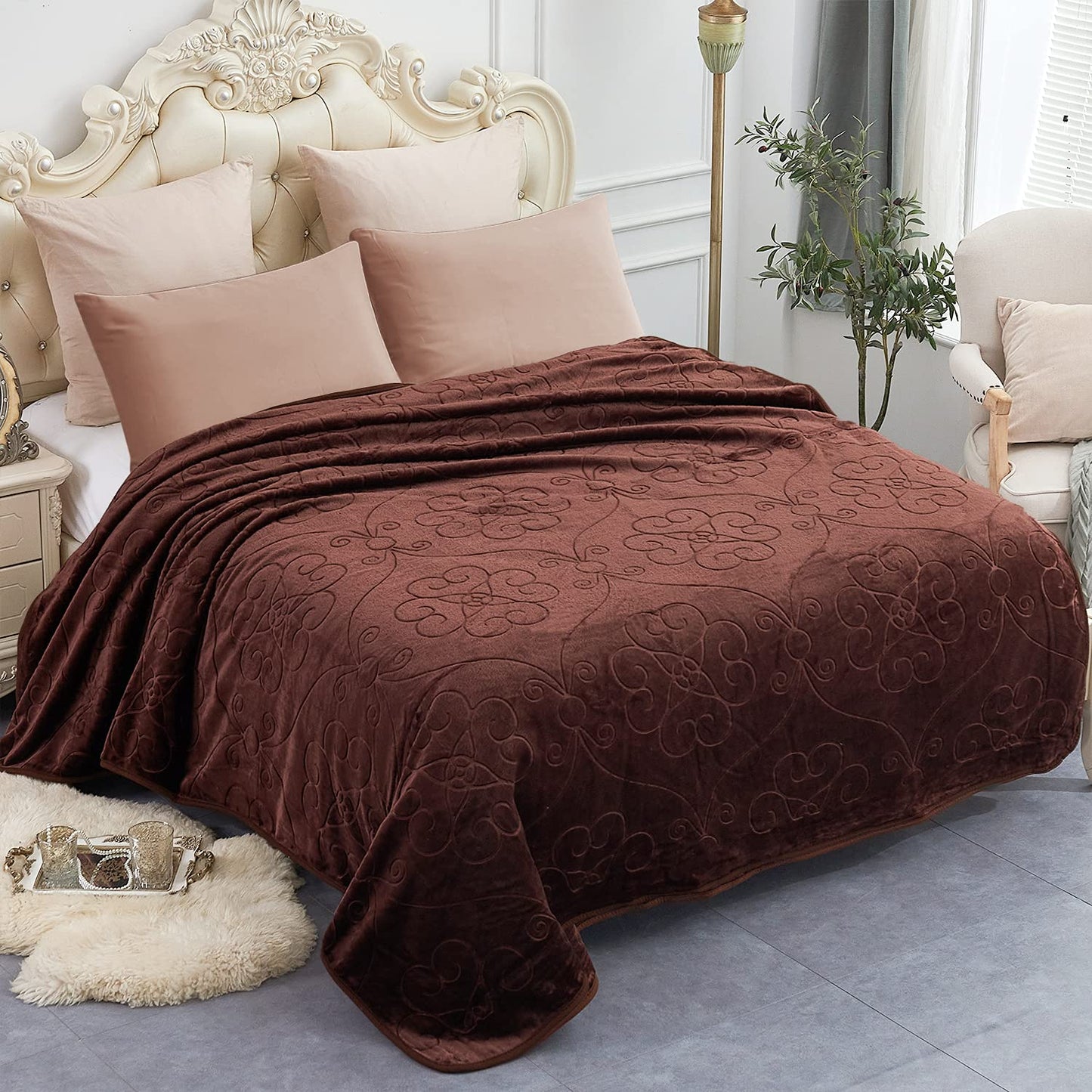 JYK Plush Fleece Blanket - Korean Mink, Queen 75" x 91", Super Soft & Warm, 3.5 LB Lightweight, Solid Color, Cozy Embossed Mink for Bed (Coffee)