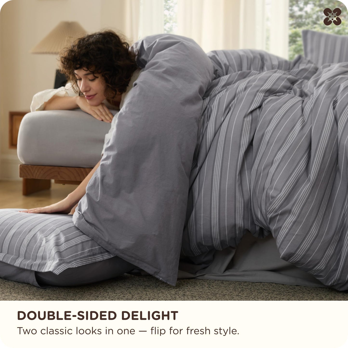 Bedsure Striped Duvet Cover Queen Size, 100% Washed Cotton PureWoven Duvet Cover Linen Like Textured, Classic Striped Pattern Enhances Bedroom Comfort and Style, Stripes Grey, 90"x90"