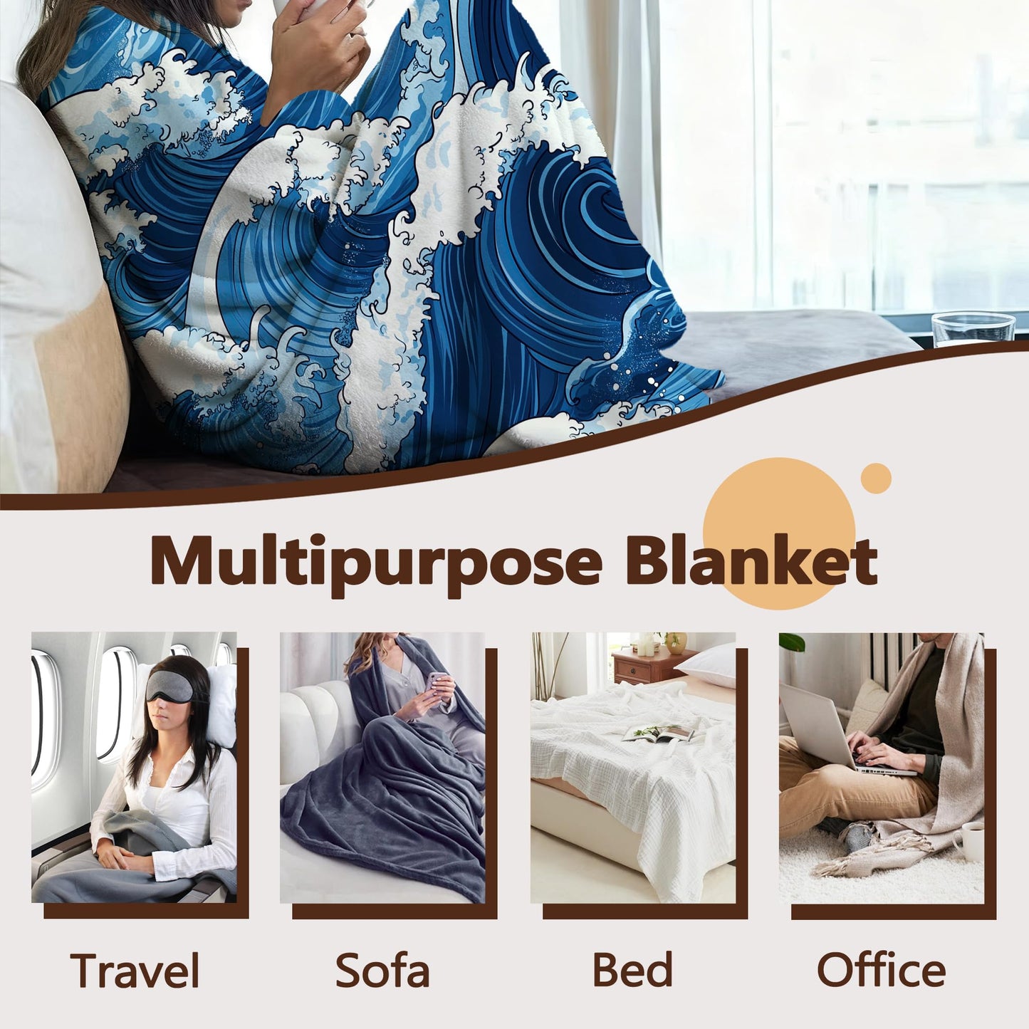 Blue Ocean Wave Sofa Throw Blankets,Vintage Japanese Soft Cozy Fuzzy Lightweight Travel Blanket,Flannel Fleece Fall Throw Blanket for Couch,Bed,Camping,Movie Nights,Watching TV 50 X 60 Inch