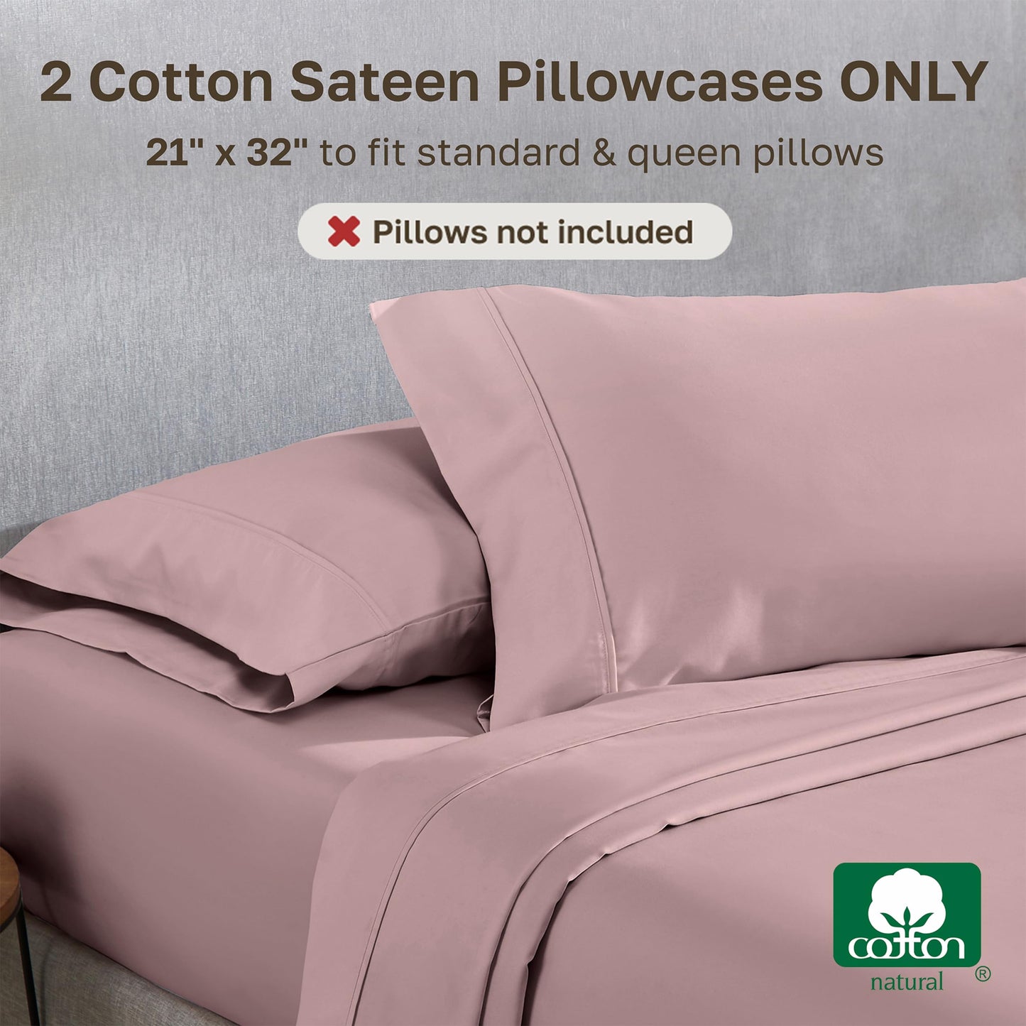 California Design Den Queen/Standard Pillow Cases Set of 2-400 Thread Count Sateen, Natural 100% Cotton, Pillow Covers Queen Size, Soft, Roomy and Breathable - Mauve