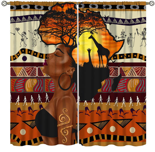 Fblifil African Woman Curtain Abstract Sunset Landscape Wild Life Geometric Printed Rod Pocket Window Treatments for Girls Bedroom Living Room Decor 42" W X 45" L