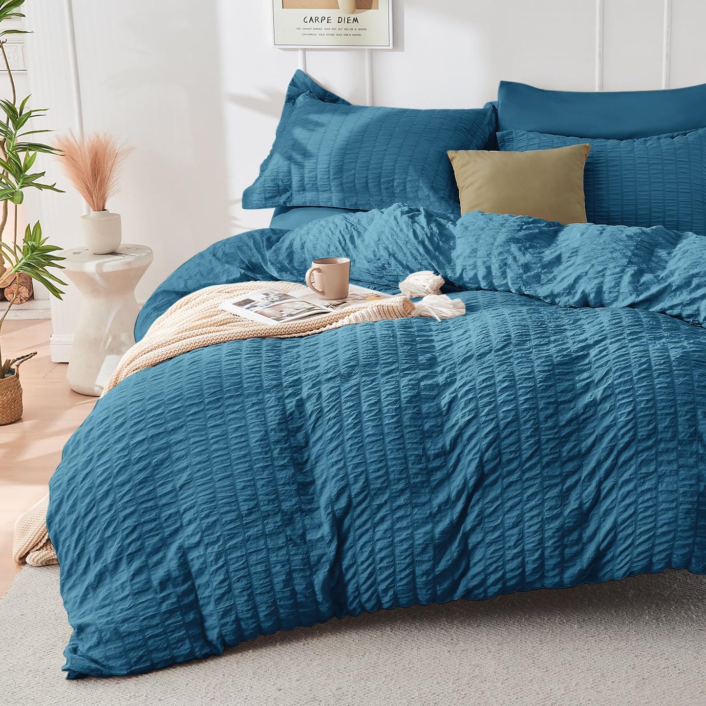 HYMOKEGE Teal Oversized Queen Comforter Set Seersucker 7 Pieces, All Season Luxury Bed in a Bag for Bedroom, Bedding Set with Comforter, Sheets, Pillowcases & Shams
