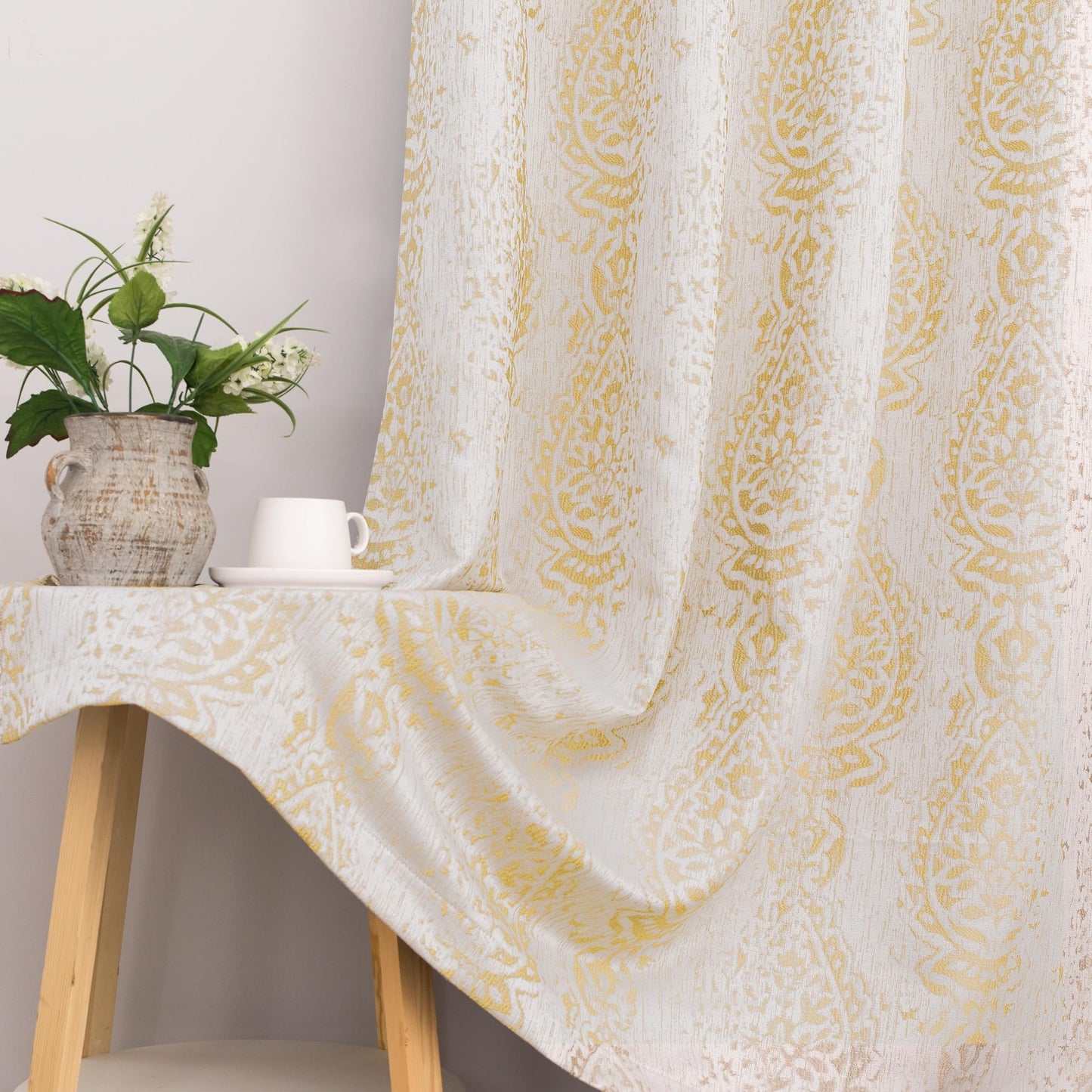 KOUFALL Gold Patterned Elegant Curtains for Living Room, Blackout Damask Pattern Luxury Modern Design Contemporary Curtains for Bedroom, Wide 52 x 84 Inches Long, 2 Panels Set