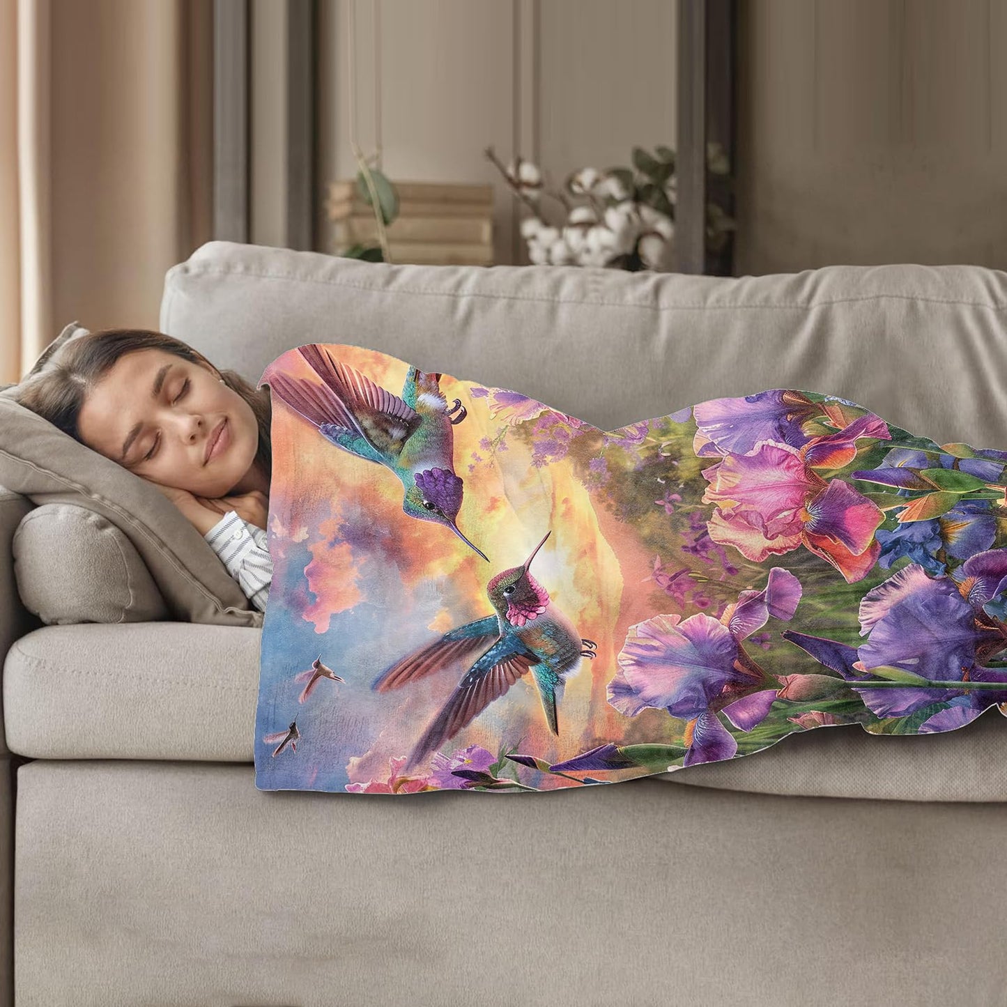 Plistiz Floral Hummingbird Throw Blanket for Women Girls Boys, Soft Flannel Blankets Gifts for Living Room Couch, Home, Sofa Decor, 50"x60"