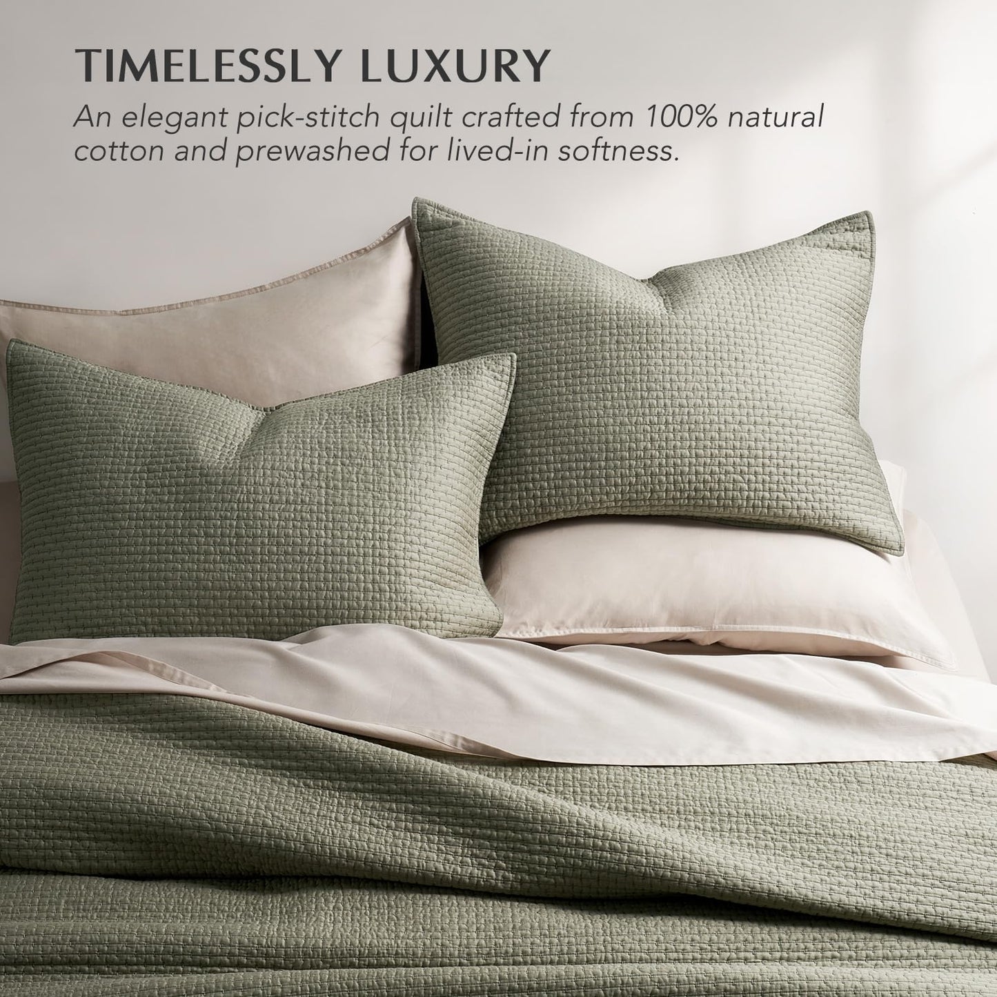 EVERGRACE Cotton Sateen Pick-Stitch Quilt Set King Size – 100% Cotton Coverlet Bedding, Pre-Washed Oversized Bedspread, Breathable All-Season Quilt Set with 2 Shams, Eucalyptus Green