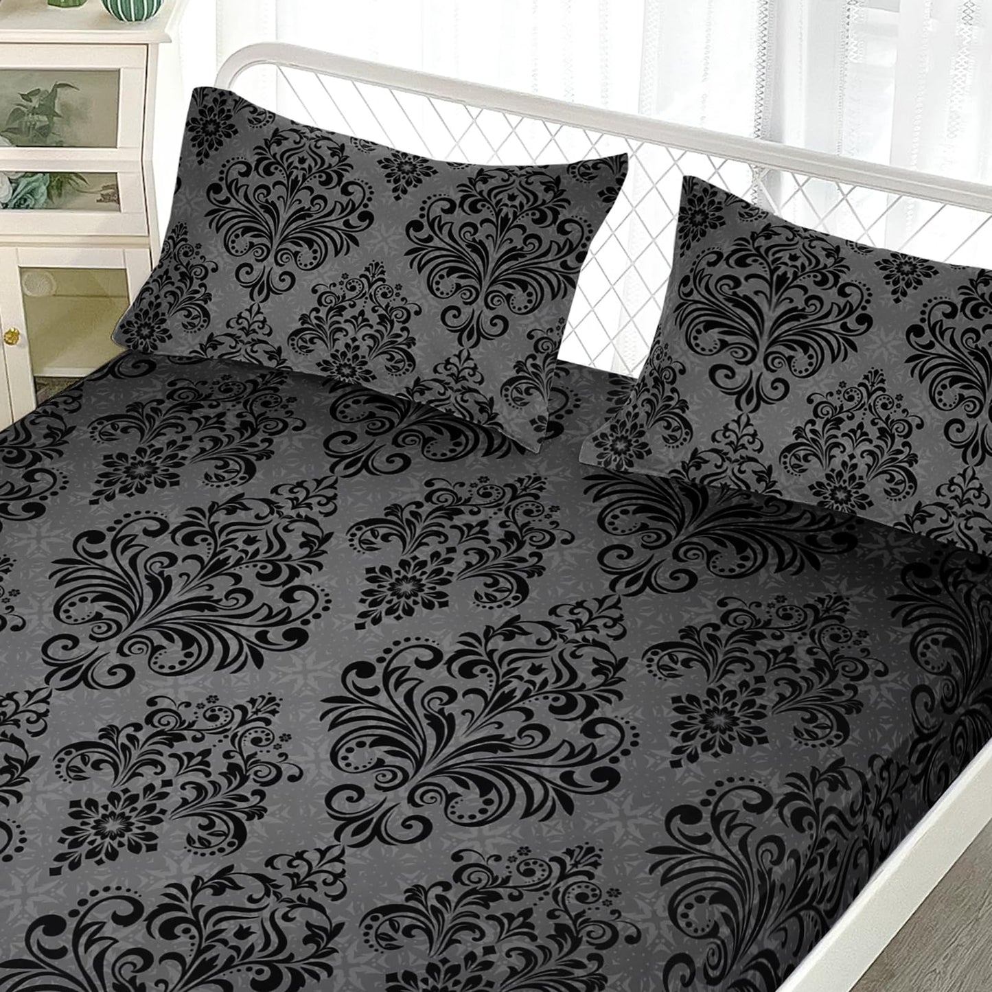 AILONEN Floral Fitted Sheet Set Queen Size, Bohemian Floral Fitted Sheet & 2 Pillowcases,Gothic Black Bedroom Decor Bedding Set 3Pcs for Kids Teens Adults