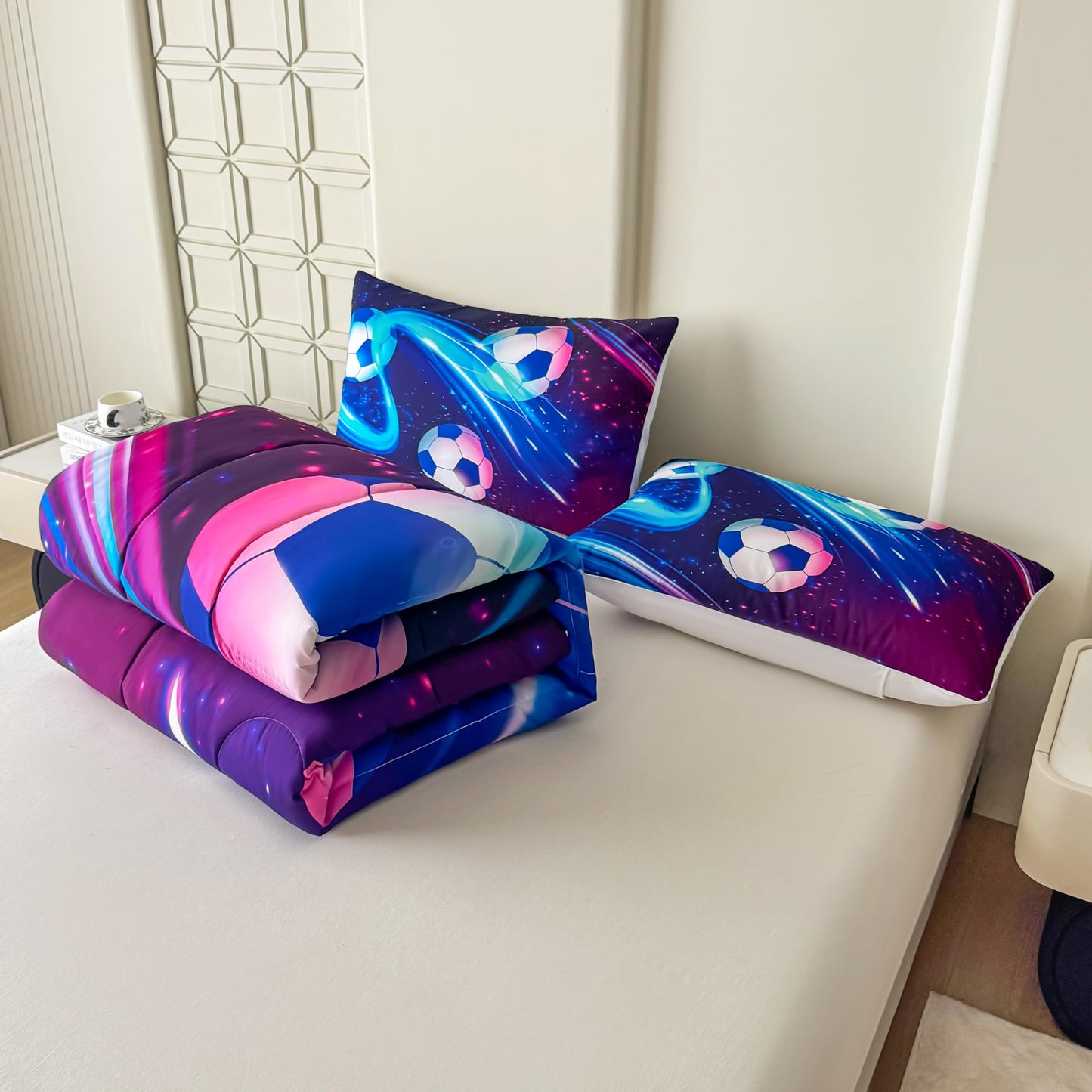 Peopleareok Soccer Comforter Set Twin (68x86 Inch), Purple Blue Soccer Theme Comforter, Sports Soccer Bedding, 2 Pieces Soft Microfiber Football Bedding Set for Boys Kids with 1 Pillowcases