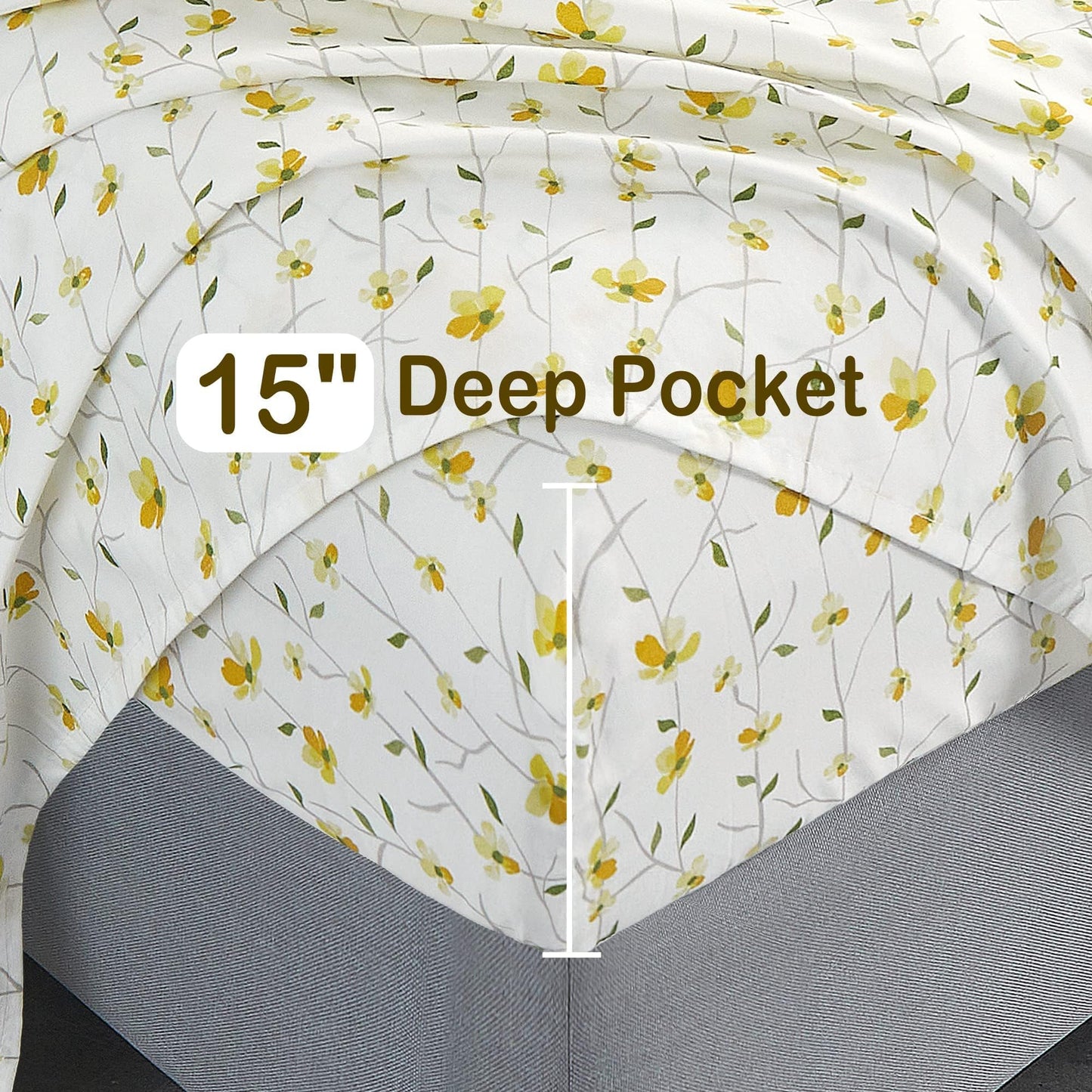 Softan King Sheet Set Yellow Floral Bed Sheets Printed Sheets - 4 Piece Soft Microfiber Patterned Fitted Sheets King with 15" Deep Pocket and Corner Straps, Cute Yellow Flower Sheets & Pillowcase Set