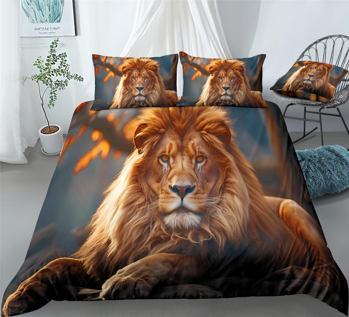 REALIN Lion Theme Duvet Cover Set 3D Printing Design Bedding Wild Animals King Aurora Bed Sets 2/3/4PCS Quilt Covers/Sheets/Pillow Shams,Twin/Full/Queen/King (Twin-172x218cm-3PCS,B)