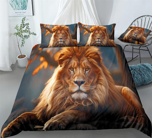 REALIN Lion Theme Duvet Cover Set 3D Printing Design Bedding Wild Animals King Aurora Bed Sets 2/3/4PCS Quilt Covers/Sheets/Pillow Shams,Twin/Full/Queen/King (Twin-172x218cm-3PCS,B)