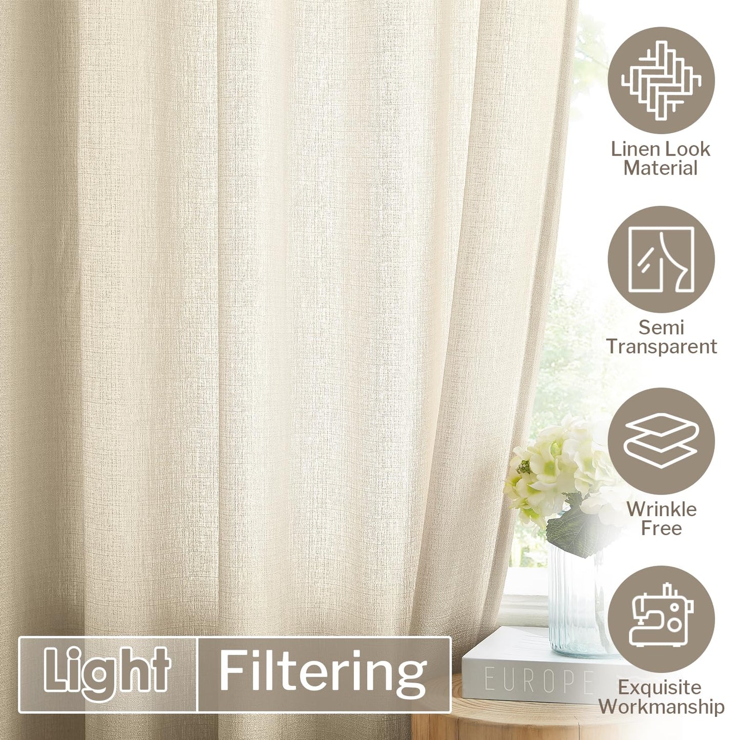 Melodieux Tan Semi Sheer Curtains 63 Inch Length for Living Room, Linen Rustic Bedroom Privacy Window Grommet Sheer Drapes, 52 by 63 Inch, 2 Panels