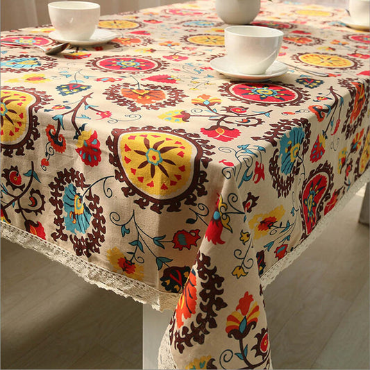 LeLehome Elome 55 X 79 Inch Oblong Bohemian Sunflower Tablecloth, Vintage Flowers Cotton Linen Lace Dinner Picnic Coffee Table Cloth Home Moroccan Boho Decor Cover