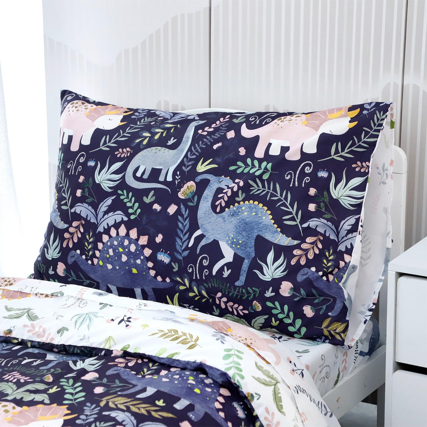 Pea Pod 4 Piece Dinosaur Toddler Bedding Set for Boys, Premium Blue Toddler Comforter Set Crib Sheets Set Includes Flat Top Sheet, Fitted Sheet, Comforter, Envelope Pillowcase,Ultra Soft