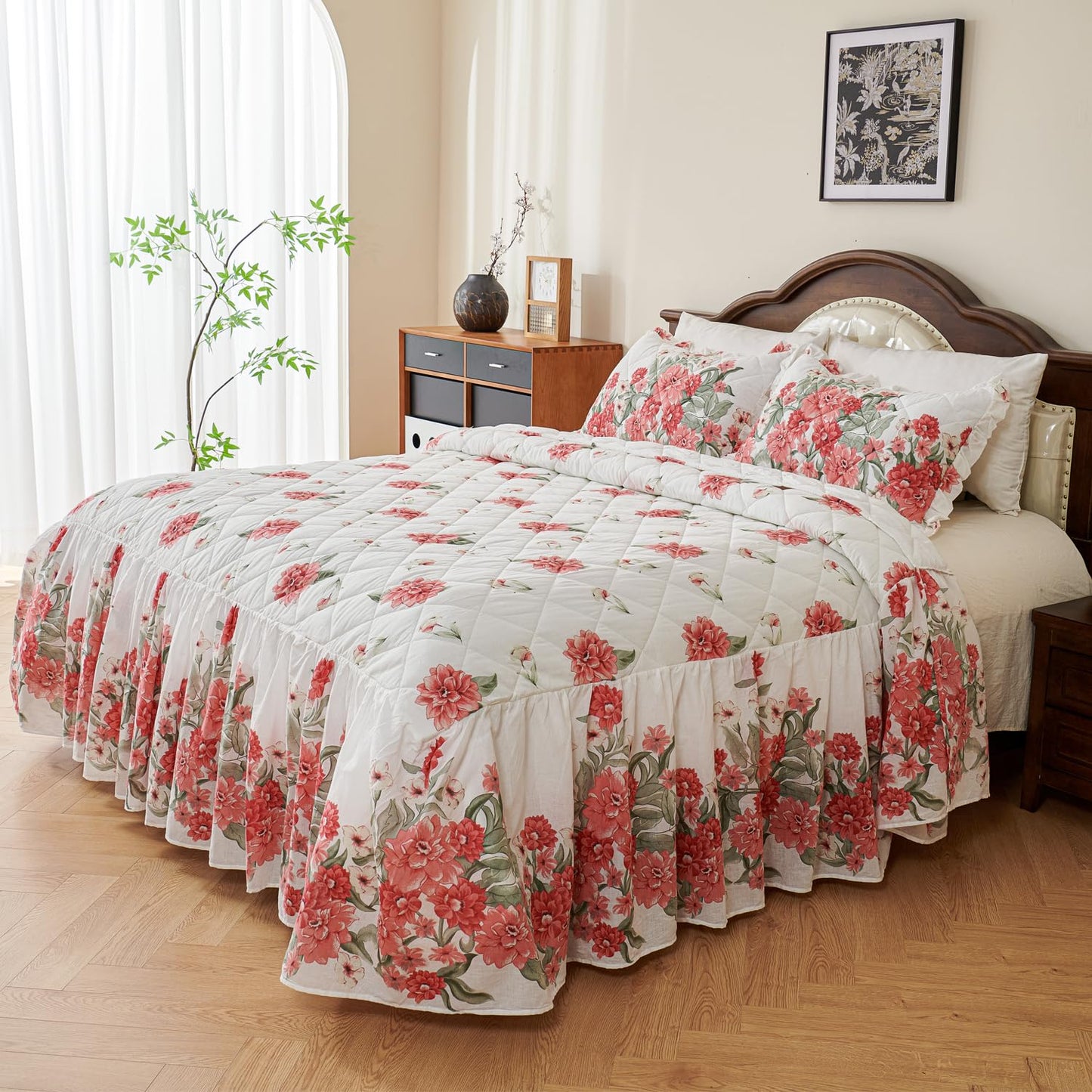 EVENHUG Ruffle Skirt Queen Size Bedspread Set Red Floral 100% Cotton Quilt Bedding Sets with Pillow Shams Lightweight Soft Coverlet Bed Spreads Sets 3 Piece (Queen, 60"x80")