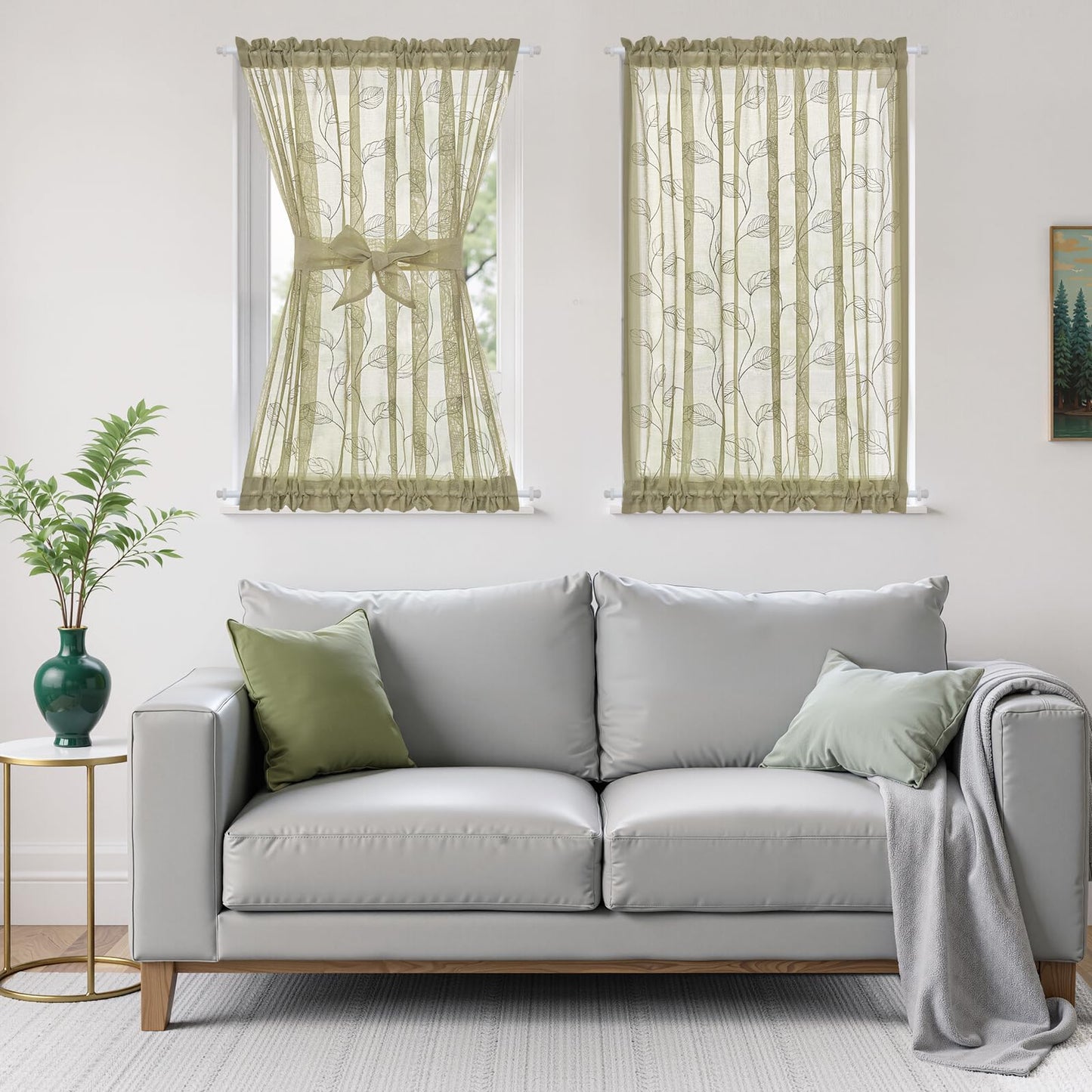 jinchan French Door Curtain Privacy Rustic Leaf Embroidered Semi Sheer Voile Front Curtain for Window Doorway Closet, Door Panel with Tieback Rod Pocket 1 Panel 55W x 40L Inch Sage Green