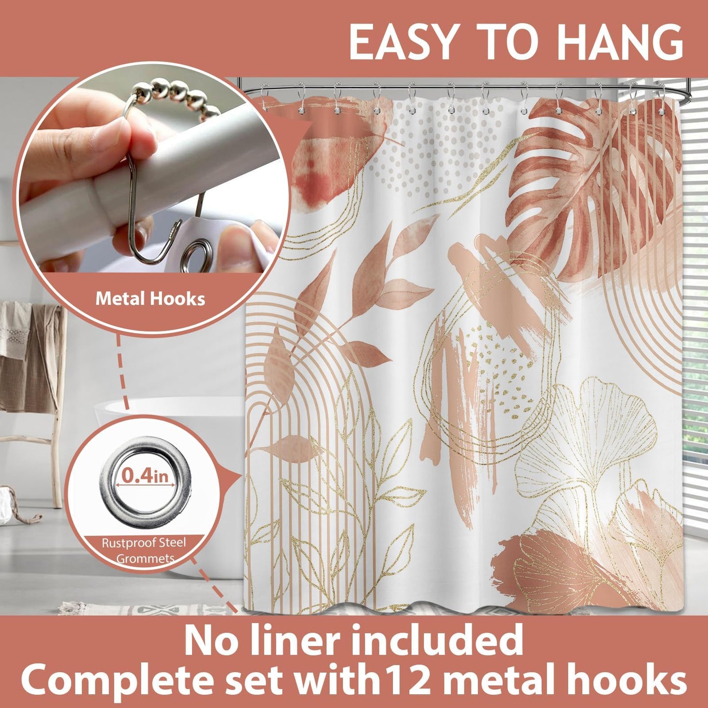 soeeao Coral Pink Shower Curtain Cute Girly Salmon Peach Mid Century Modern Shower Curtains for Girls Bathroom Decor, Waterproof Cloth Fabric with Hooks, 70" W x 72" L