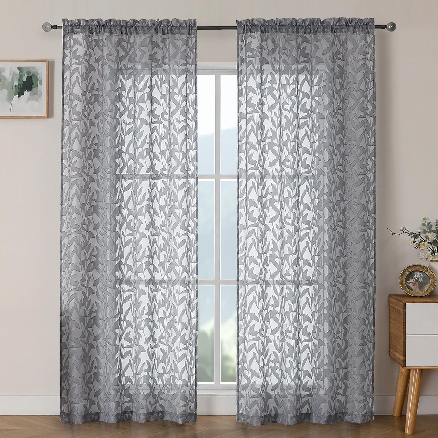 OWENIE Leyna Charcoal Gray Sheer Curtains 84 Inches Long for Living Room Bedroom 2 Panels Set, Modern Clip Jacquard Leaves Textured Light Filtering Curtains, Double Rod Pockets Drapes, 40Wx84L Inch
