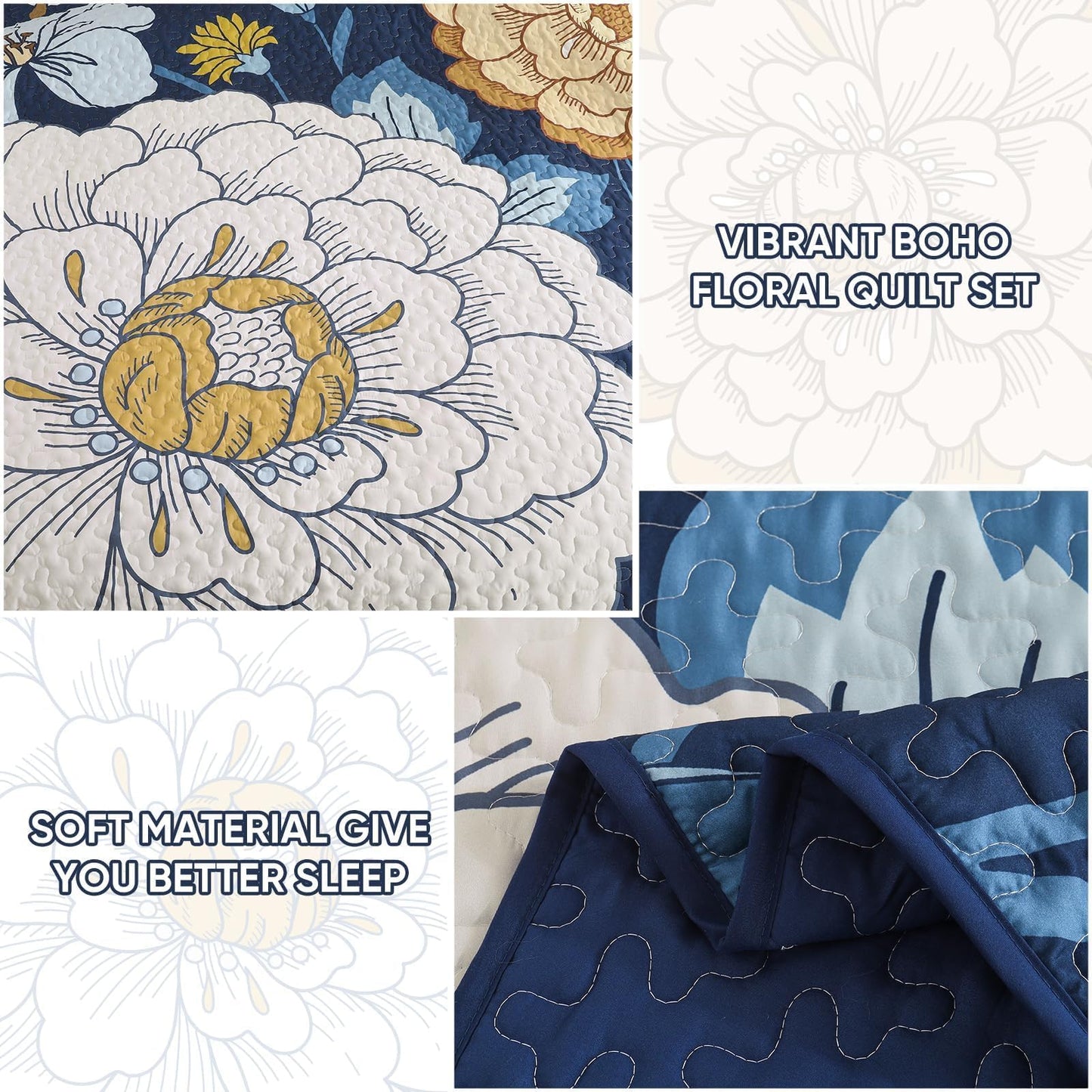 DJY Navy Floral Quilt Set Queen Size Boho Bedspread Coverlet Set, 3 Piece Botanical Quilt Soft Microfiber Blue Floral Bohemian Bedding Set with 2 Pillowcases for All Season, 96''x90''