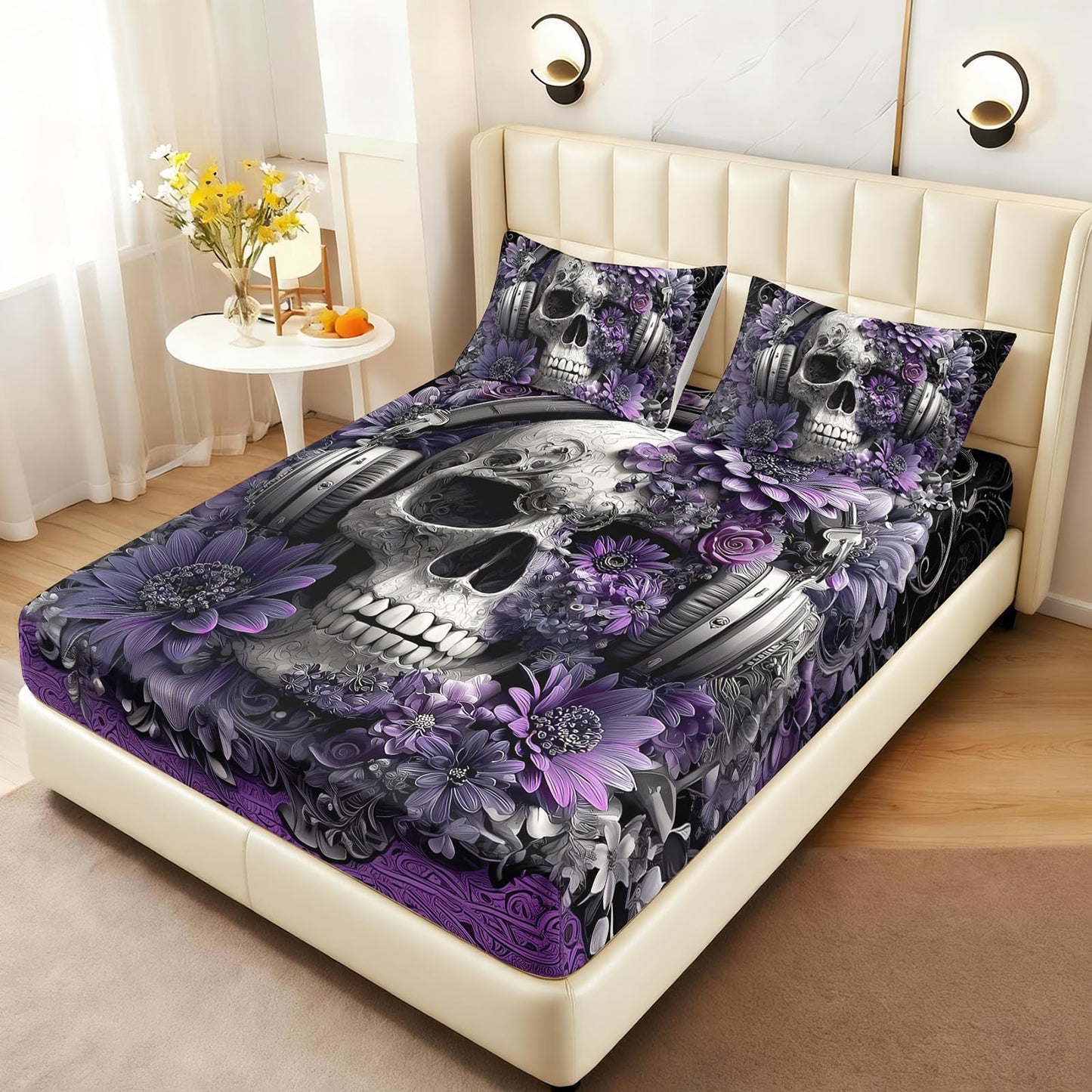 AILONEN Girls Floral Skull Fitted Sheet Set Queen Size,3-Piece Music Themed Skeleton Bedding Set,Gothic Purple Flower Skull Printed Deep Pocket Sheets with 2 Pillowcases