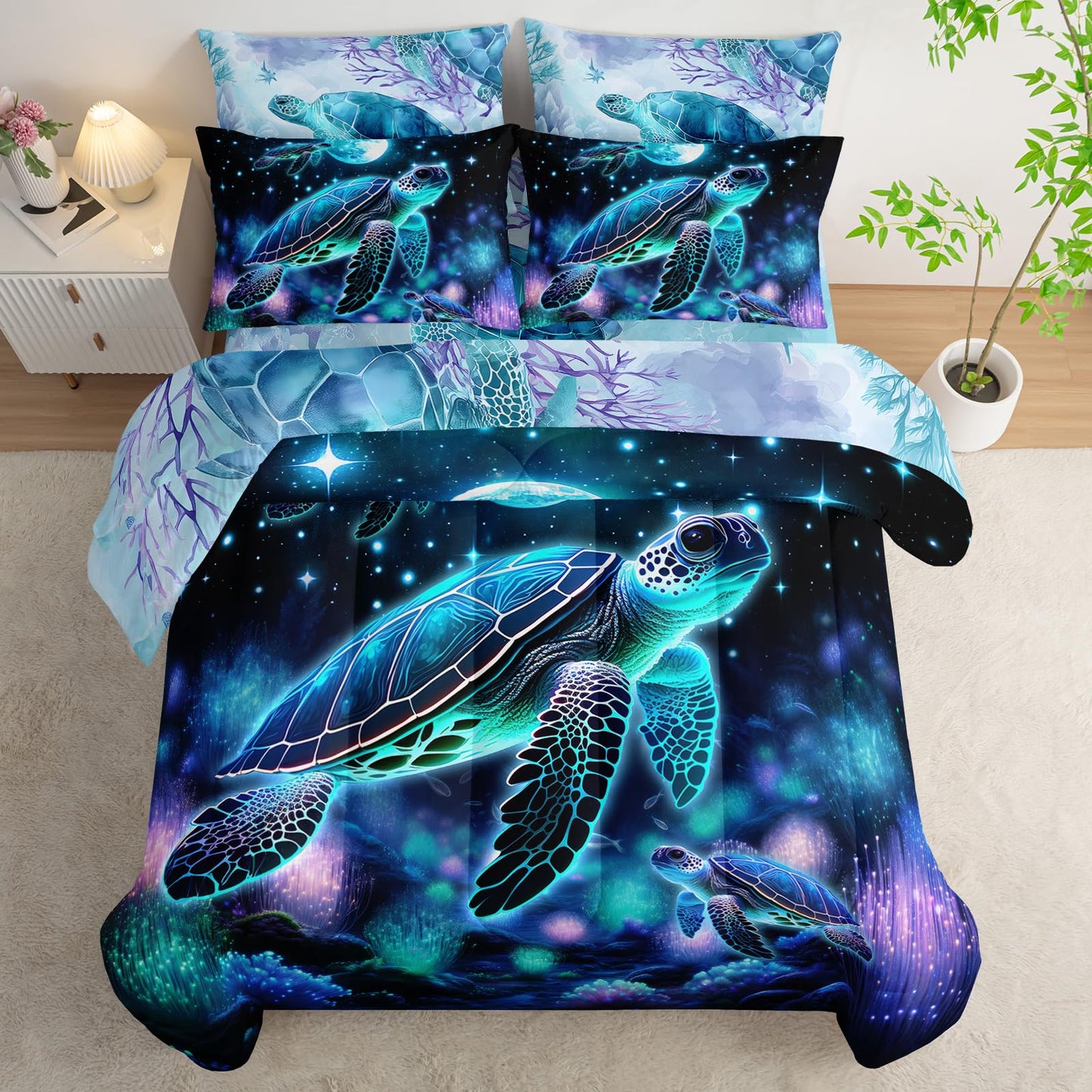 AILONEN Sea Turtle Comforter Set Twin Size,7-Piece Ocean Theme Bedding Coral Bed in a Bag,Evening Starry Moon Turtle Comforter & Fitted Sheet & Flat Sheet & 2 Pillowcases,2 Pillow Shams