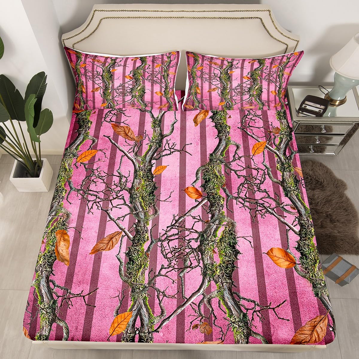 Camoflage Kids Fitted Sheet Twin Size,Hunter Cabin Tree Branches Botanical Leaves Rustic Bedding Set,Girls Women Room Decor,Geometric Stripes Bed Cover,Pink Bed Sheet,1 Pillowcase(No Top Sheet)