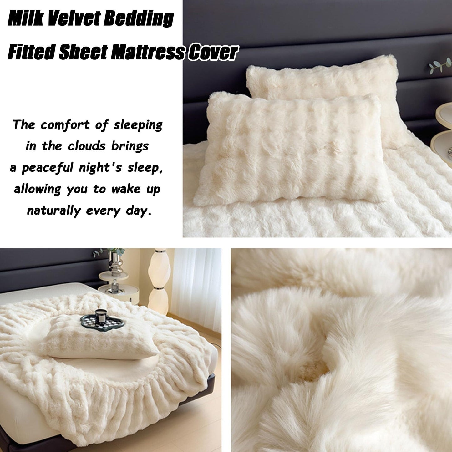 Elastic Bed Sheets, Milk Velvet Fitted Sheet, Winter Warm Mattress Cover, Faux Rabbit Fur Fitted Sheets, Fluffy Mattress Protector Bedspread, Machine Washable and Non-Fade(C,2 Pillowcases)