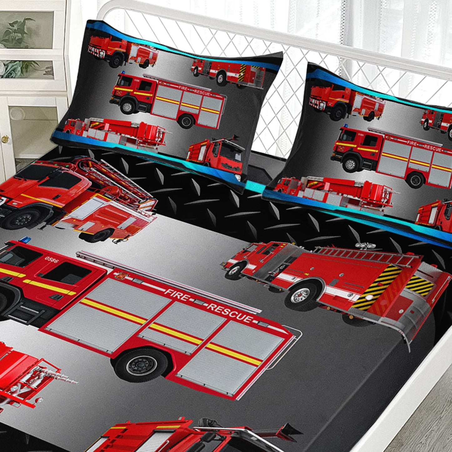 AILONEN Kids Fire Truck Fitted Sheet Set Twin Size, Red Fire Engine Bedding Set Perfect for Boys Bedroom,Firemen Car Vehicle Bed Sheet Set,3-Pieces,1 Fitted Sheet + 2 Pillowcases
