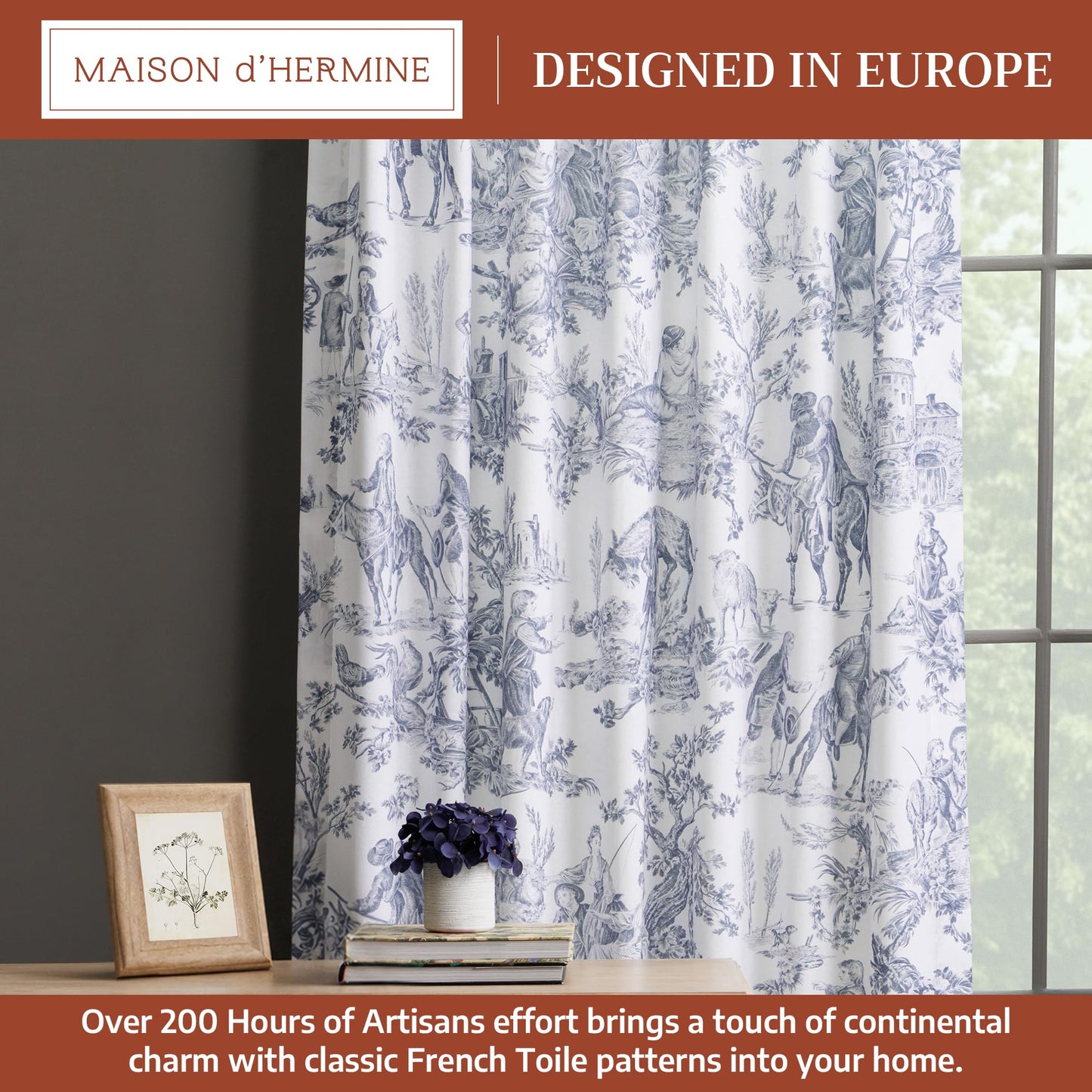 Maison d' Hermine Curtains for living room 100% Cotton 96 inch length One Panel Light Filtering Toile Curtains for Bedroom with rod and loop Pockets (The Miller Blue (White Background), 50"W x 96"L)