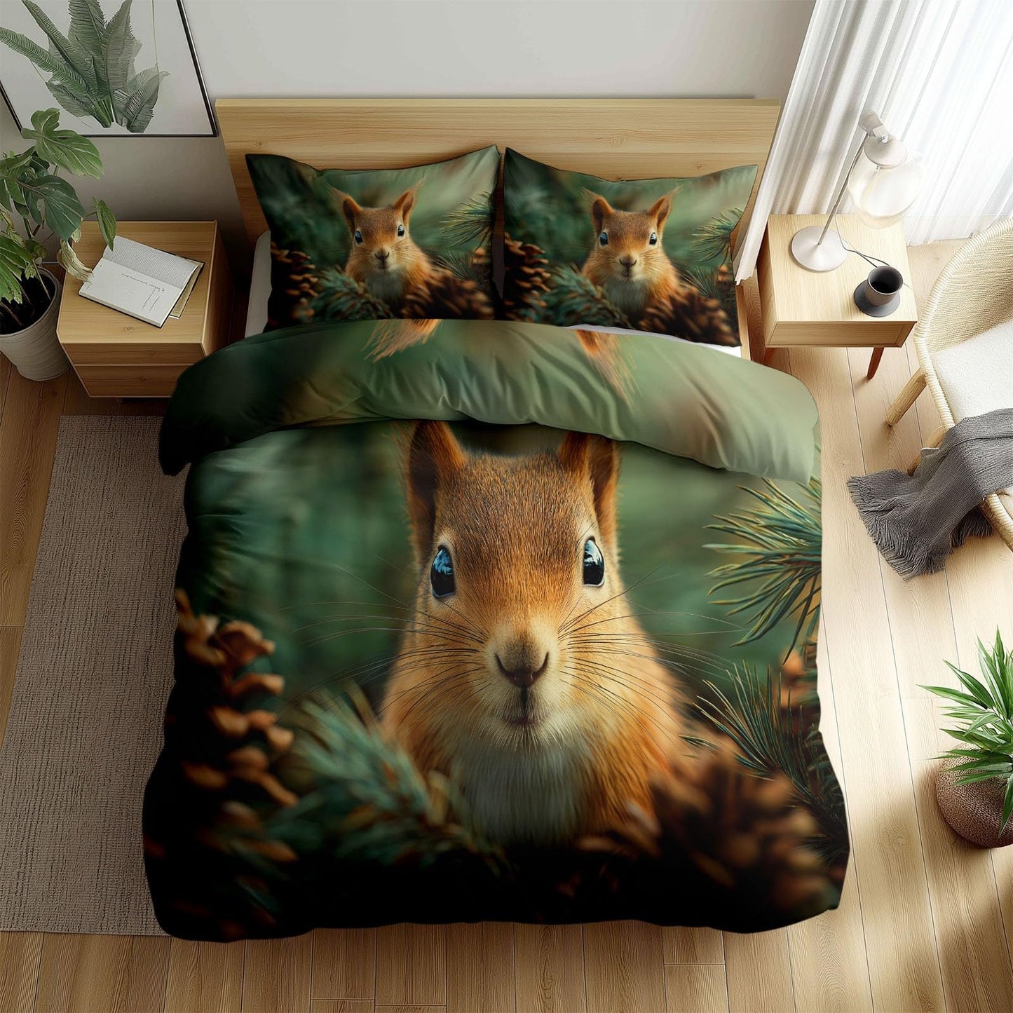 Super Soft Photorealism Duvet Cover Set Twin Size, Hyperrealism Pine Cones Squirrel Bedding for Kids Boys Girls Teens - Breathable and Anti-Allergic Soft Comforter Cover 2 Pillow Shams