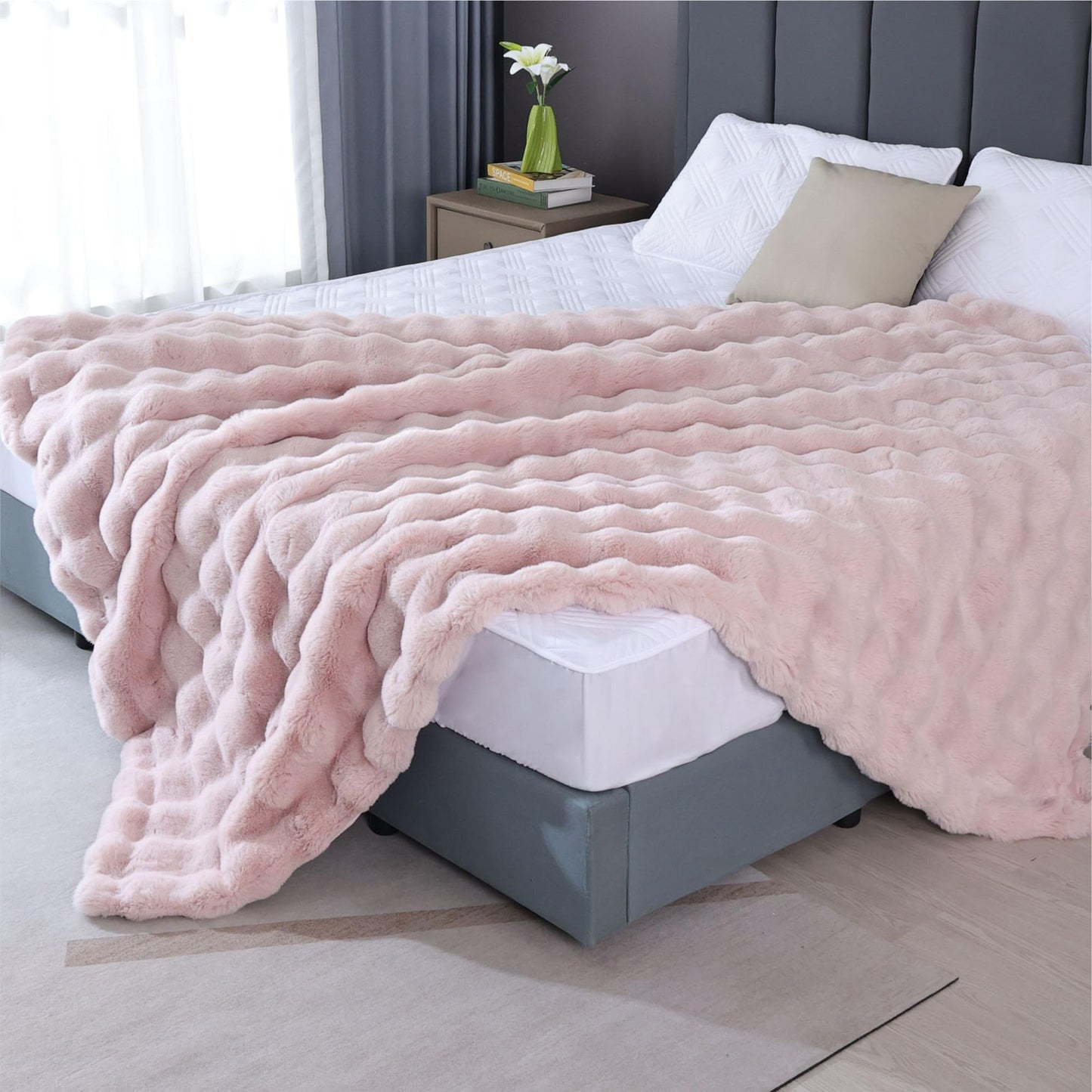 BlanketSolution Fluffy Pink Fuzzy Throw Blankets for Sofa Bedroom Living Room Faux Fur Rabbit 60x80 Decorative Cozy Throw Blanket for Couch Apartment Decor 860 GSM