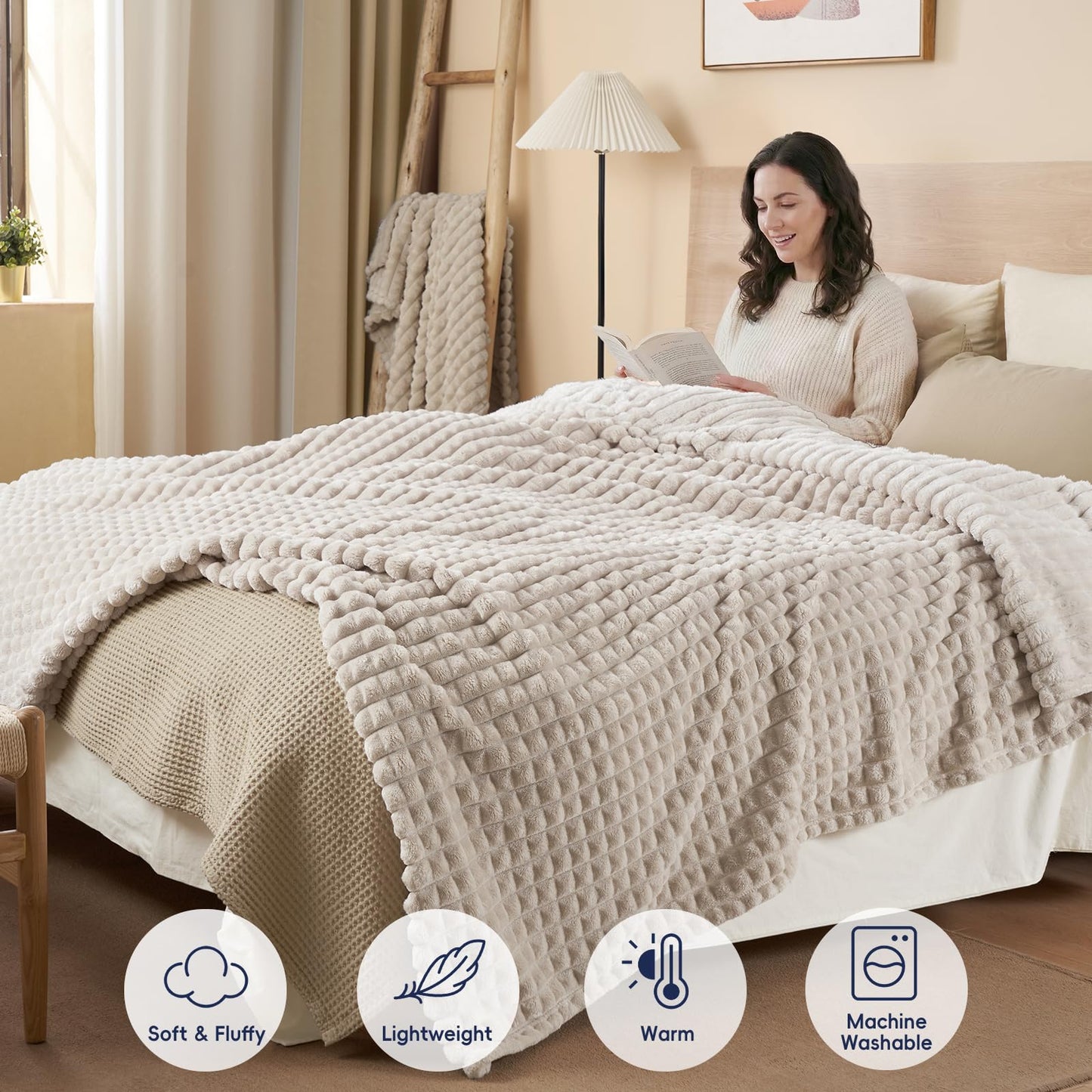 PHF Luxury Soft Fleece Blanket King Size, No Shed No Pilling, 380GSM Fluffy Cozy Throw Blankets for Bed, 108"x90",Lightweight Warm Bedding for Home Decor, Ideal Gift for Women, Oak