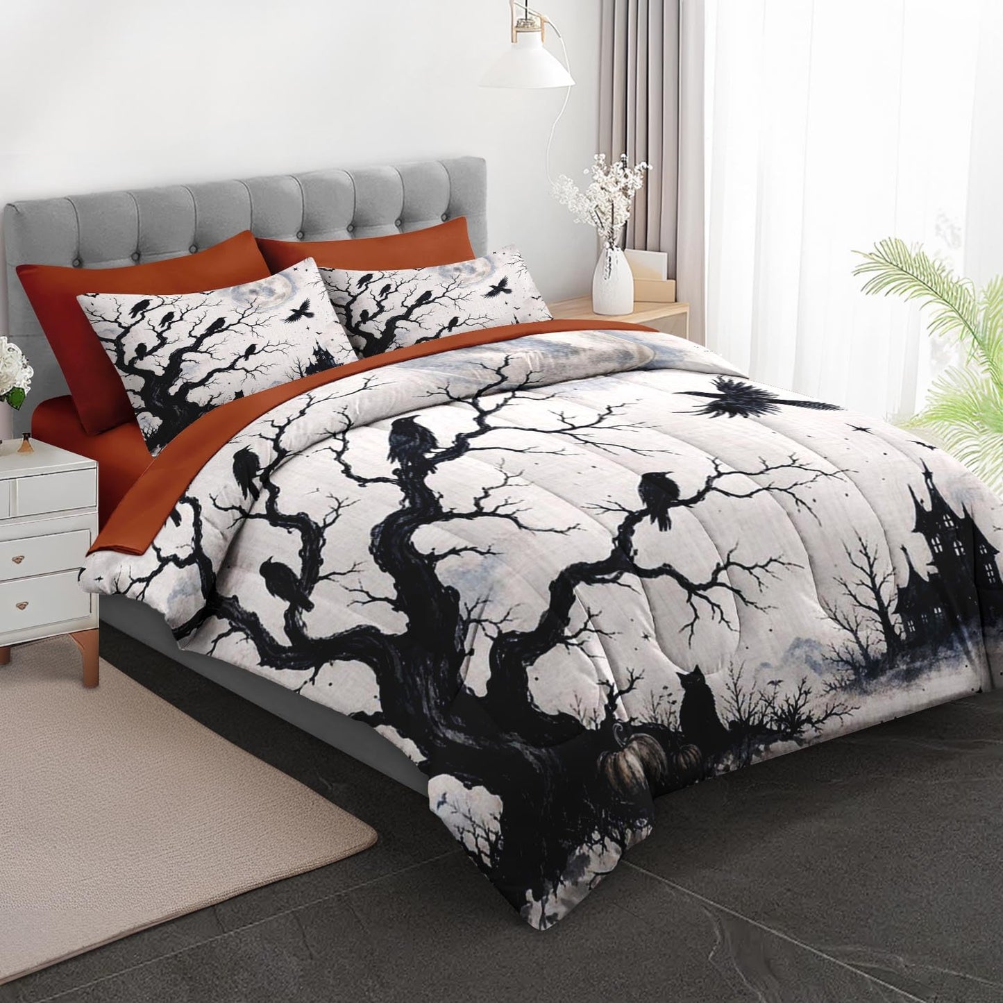 Boewywh Comforter Set Twin Size Halloween Gothic Spooky 5 Pcs, Bedding for Kids and Adults, Bed Sheet Sets with Fitted Sheet Pillowcase & Sham for Bedroom Bed Decor