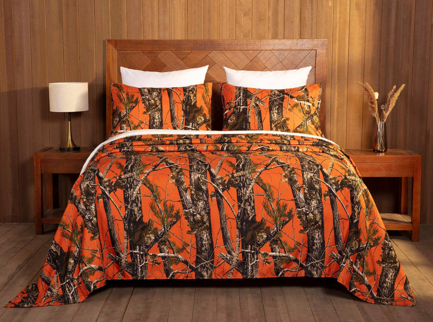 Chezmoi Collection Salem 4-Piece Cabin Lodge Forest Woods Sheet Set - Nature Camo Tree Leaves Printed Soft Microfiber Sheets - Queen, Orange