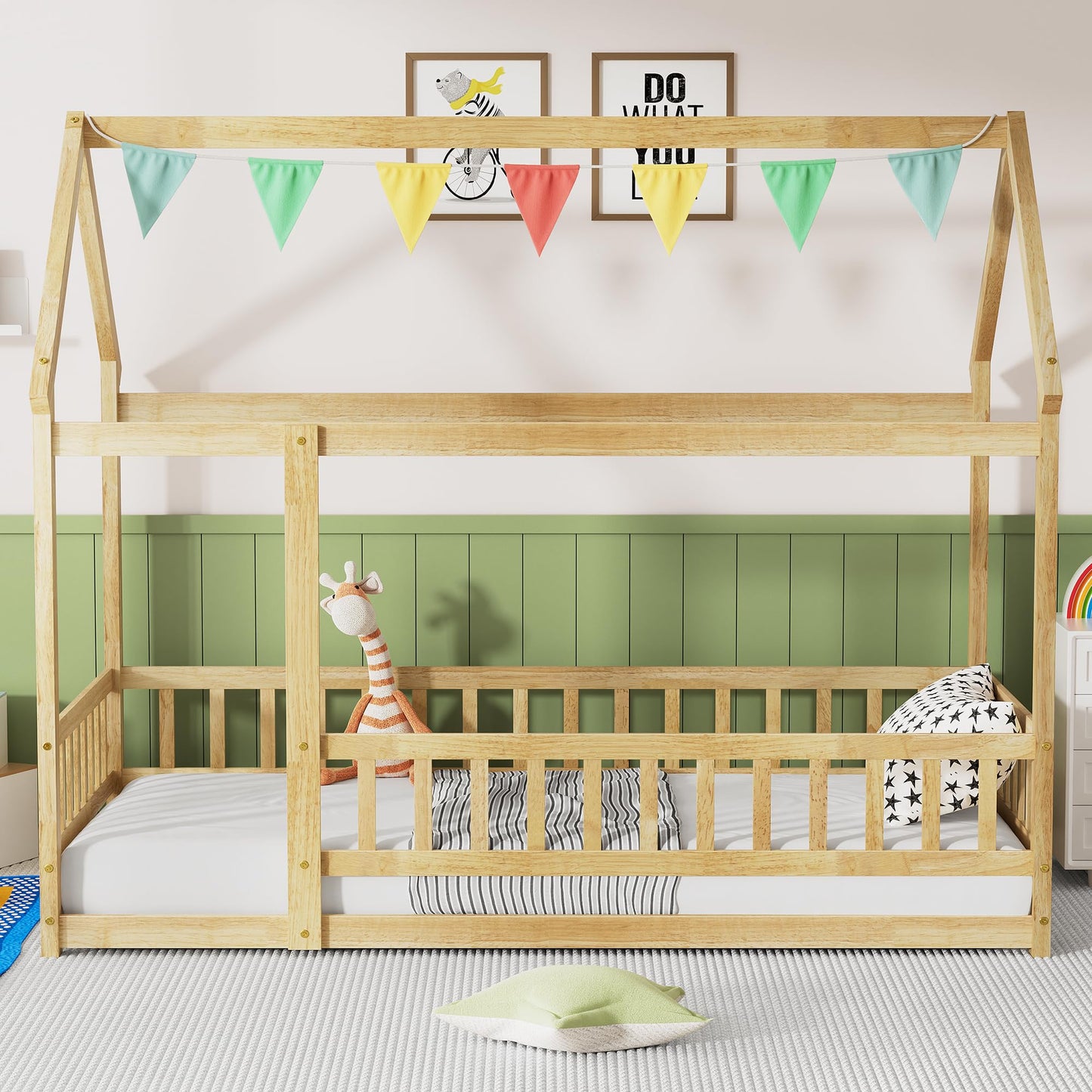 PVWIIK Twin Montessori Floor Bed with High Rails & Roof for Kids Bedroom,High Rails Bed Frame with Fence,No Box Spring Needed, Natural
