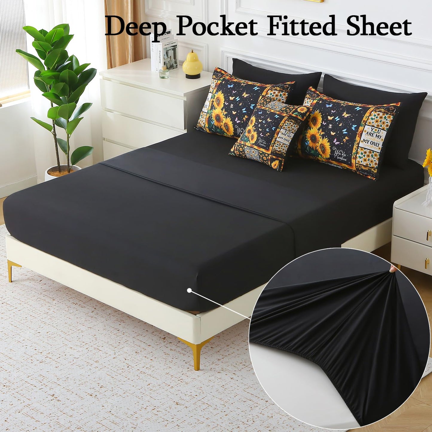 JQinHome Sunflower Comforter Set Twin for Girls Women,6 Piece Bed in A Bag 3D Black Sunflower Theme Butterfly Bedding Set with Sheet Set(Black)