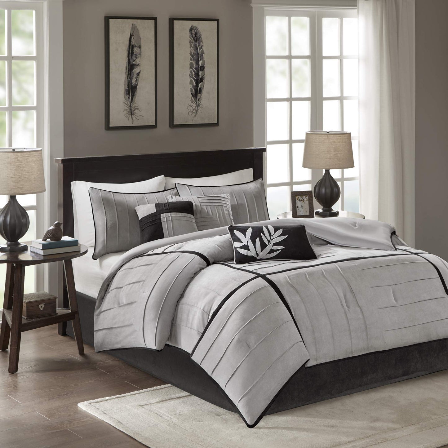 Madison Park Cozy Comforter Set Casual Blocks Design All Season, Matching Bed Skirt, Decorative Pillows, Queen(90"x90"), Dune Suede, Black Grey, 7 Piece