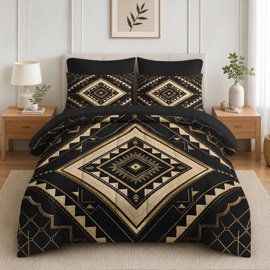 Boewywh Comforter Set Twin Size Aztec Geometric Gold 7 Pcs, Bedding for Kids and Adults, Southwestern Black Bed Sheet Sets with Fitted Sheet 2 Pillowcases & 2 Shams for Bedroom Bed Decor