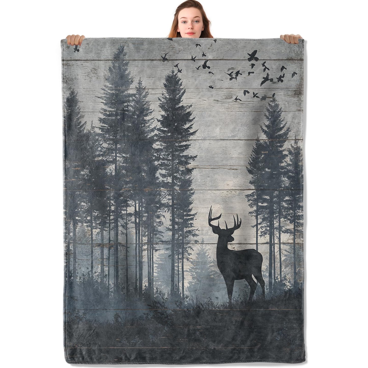 YCUFN Rustic Deer Flannel Blanket Pine Forest and Bird Design Warm Lightweight Throw Blankets for Picnic Travel Gathering and Farmhouse Cabin Decorate All Season Use Adults Kids Gifts 50x60in
