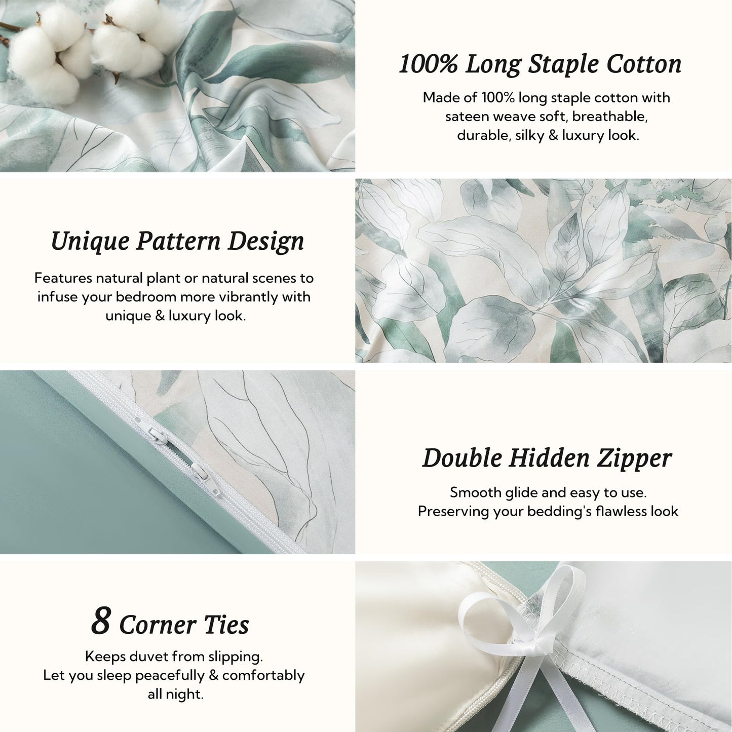 MILDLY Queen Duvet Cover Set - 100% Long-Staple Cotton Sage Green Leaves Patten Reversible Comforter Cover - 3Pcs Soft Breathable Luxury Bedding for All Season